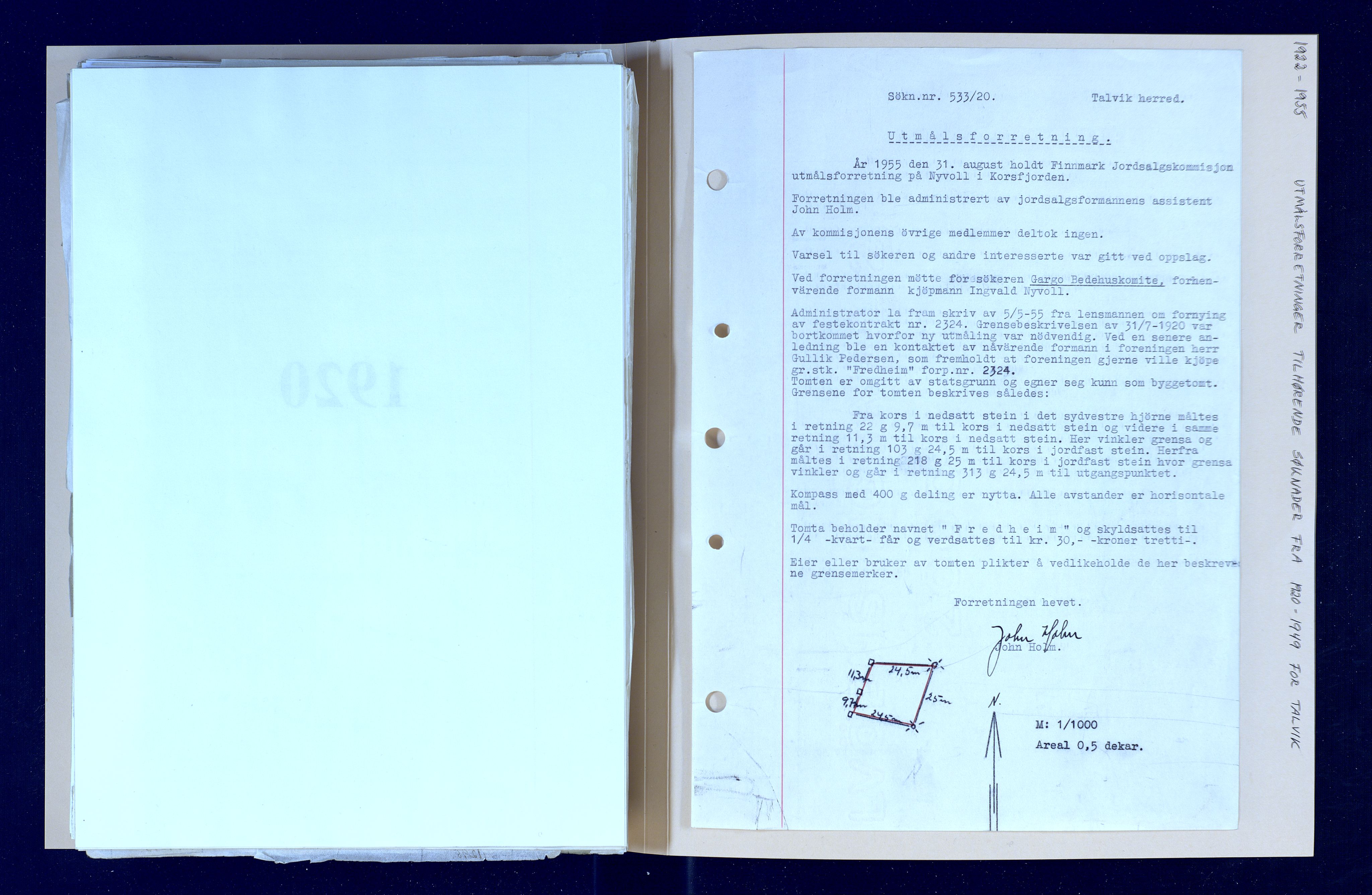 Finnmark jordsalgskommisjon/jordsalgskontor og Statskog SF Finnmark jordsalgskontor, AV/SATØ-S-1443/O/Oa/L0004: Utmålsforretninger i Talvik, 1922-1970, s. 156