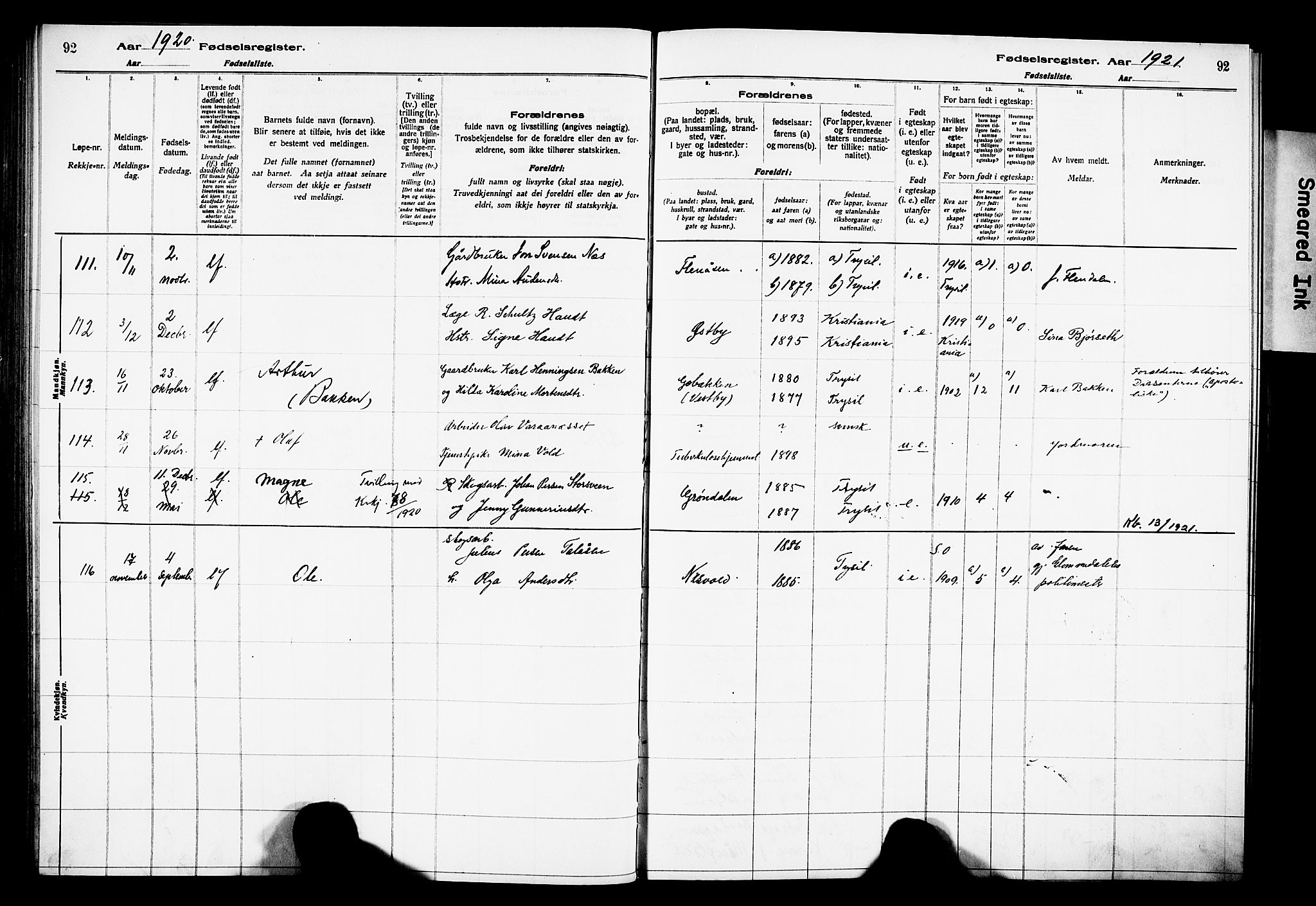 Trysil prestekontor, AV/SAH-PREST-046/I/Id/Ida/L0001: Fødselsregister nr. I 1, 1916-1927, s. 92