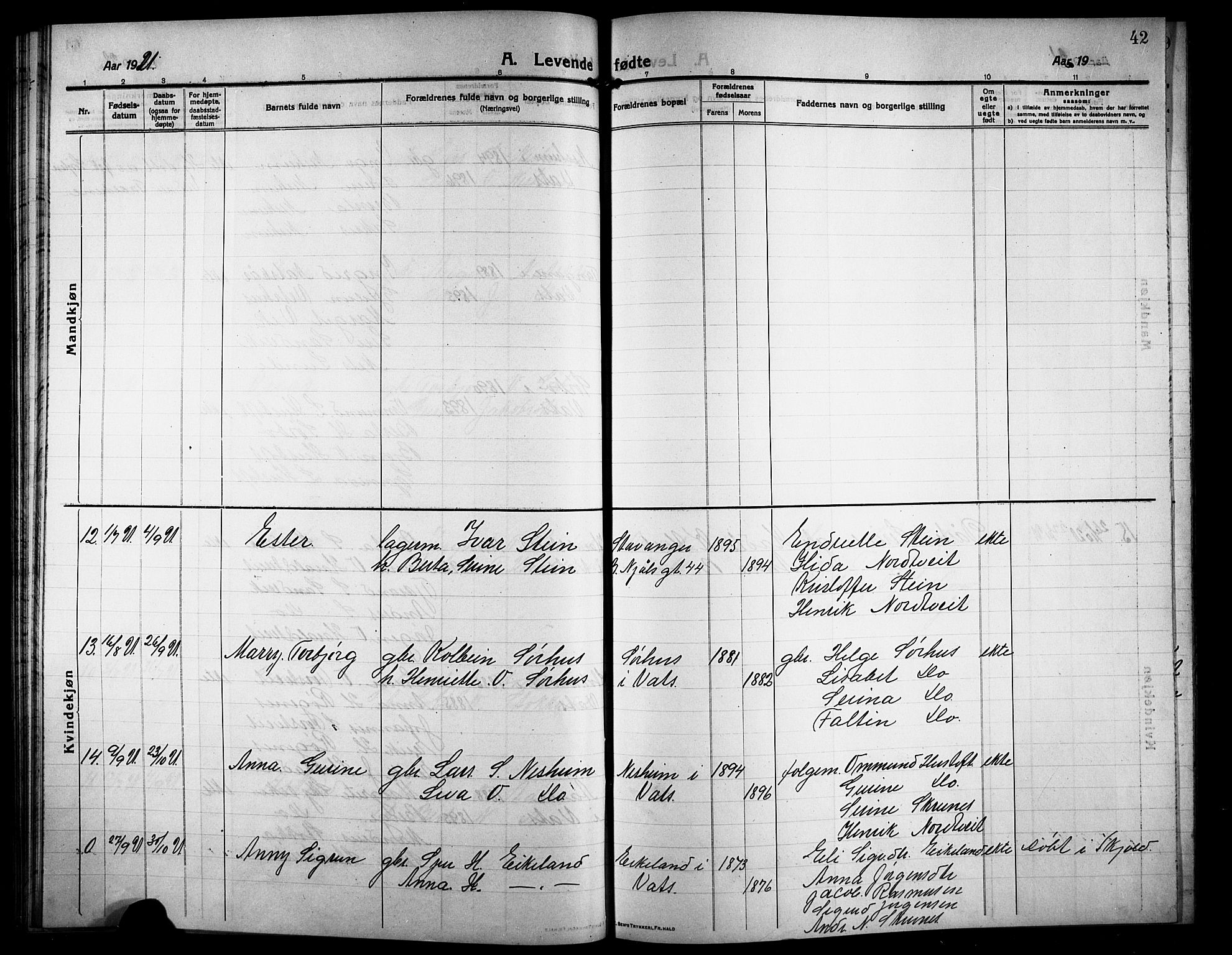 Skjold sokneprestkontor, AV/SAST-A-101847/H/Ha/Hab/L0009: Klokkerbok nr. B 9, 1914-1925, s. 42