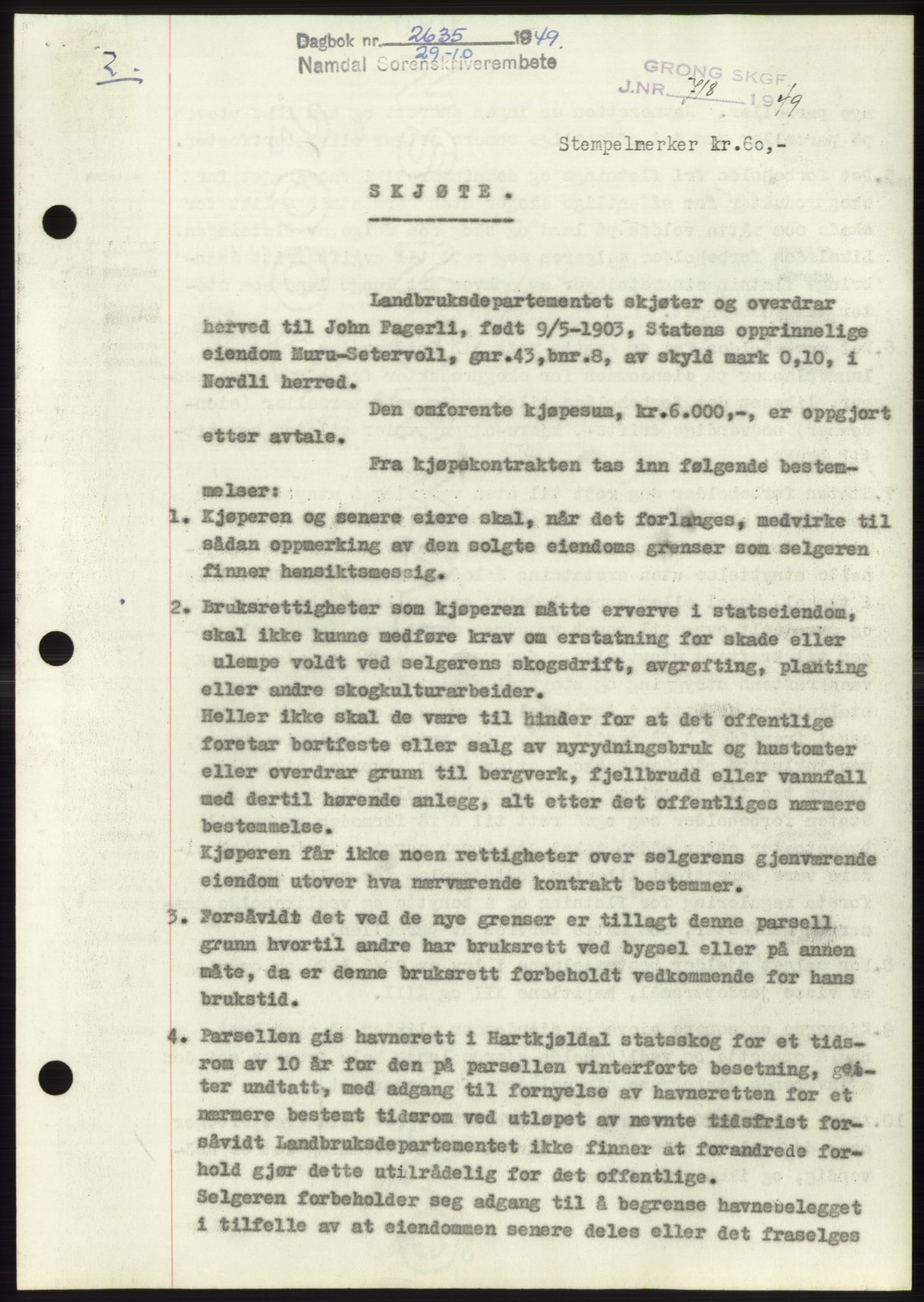 Namdal sorenskriveri, SAT/A-4133/1/2/2C: Pantebok nr. -, 1949-1949, Dagboknr: 2635/1949