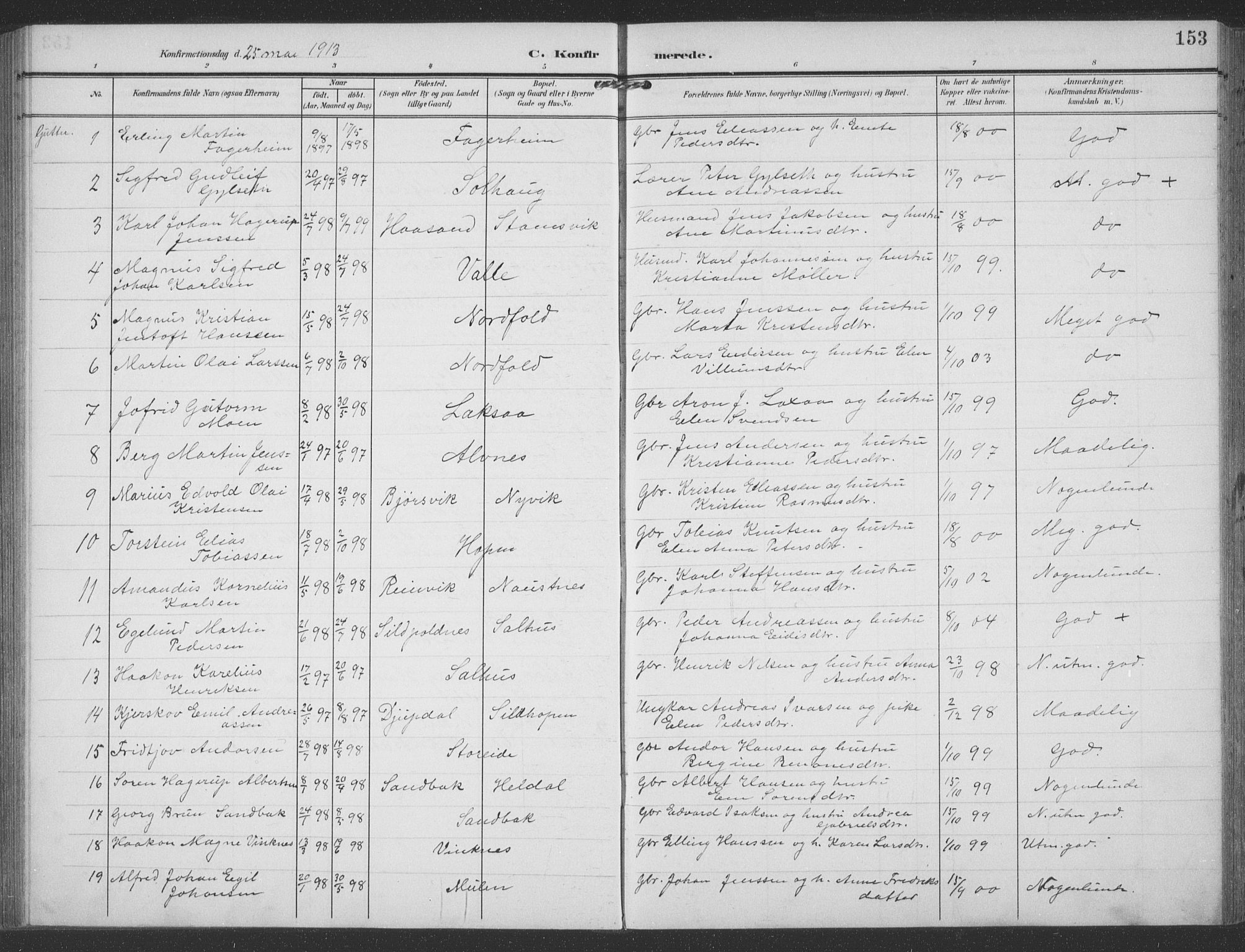 Ministerialprotokoller, klokkerbøker og fødselsregistre - Nordland, AV/SAT-A-1459/858/L0835: Klokkerbok nr. 858C02, 1904-1940, s. 153