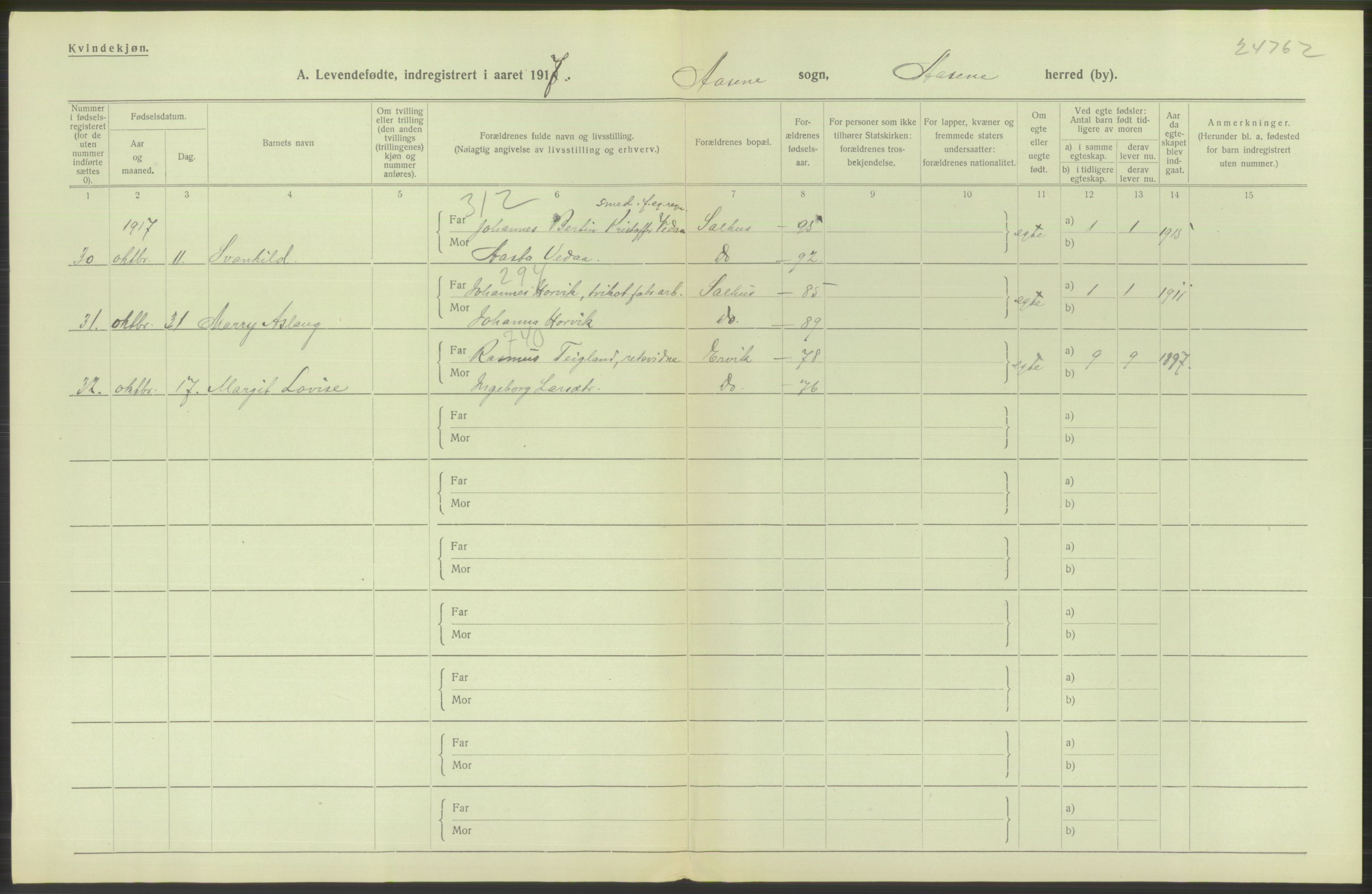 Statistisk sentralbyrå, Sosiodemografiske emner, Befolkning, RA/S-2228/D/Df/Dfb/Dfbg/L0034: S. Bergenhus amt: Levendefødte menn og kvinner. Bygder., 1917, s. 178