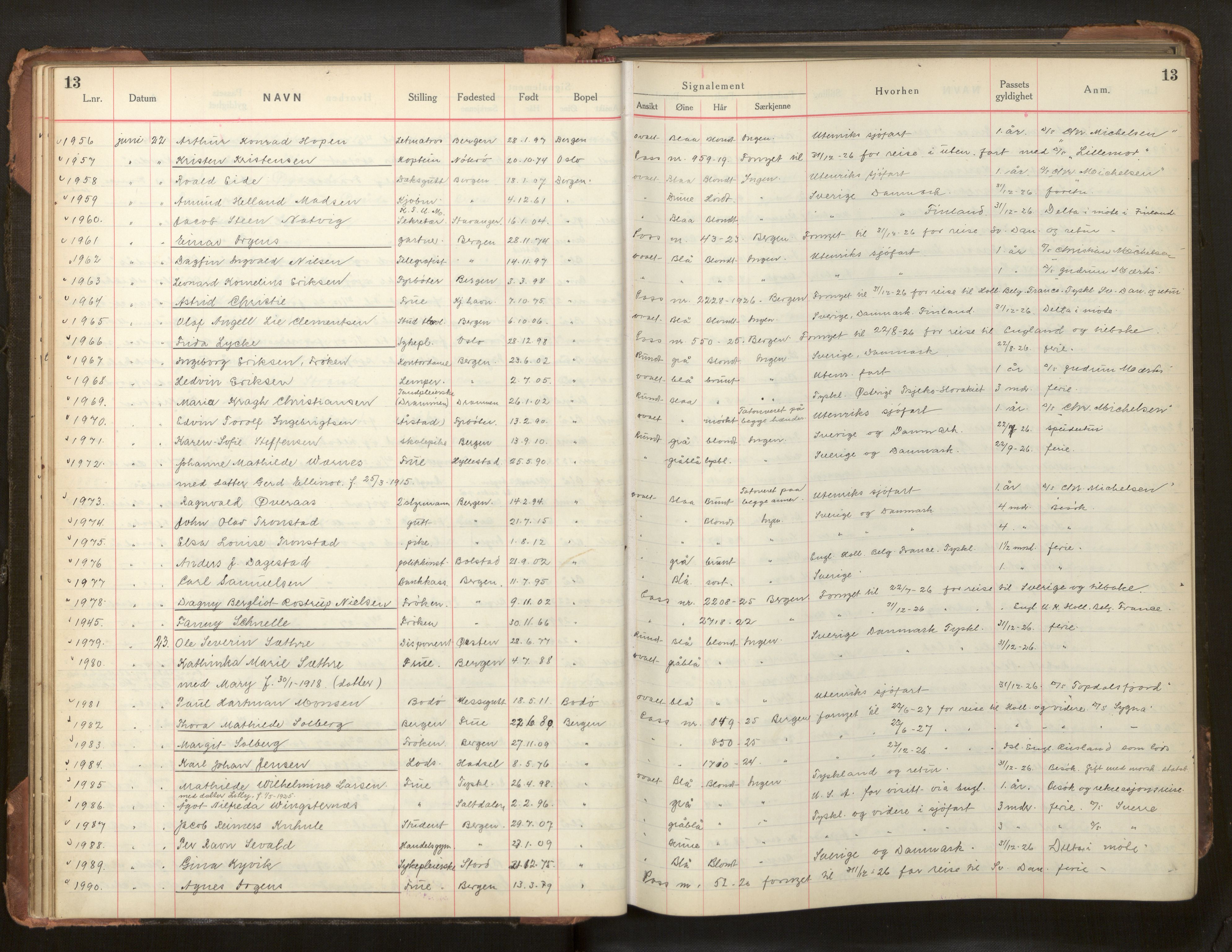Bergen politikammer / politidistrikt, AV/SAB-A-60401/L/La/Lab/L0011: Passprotokoll, 1926-1928