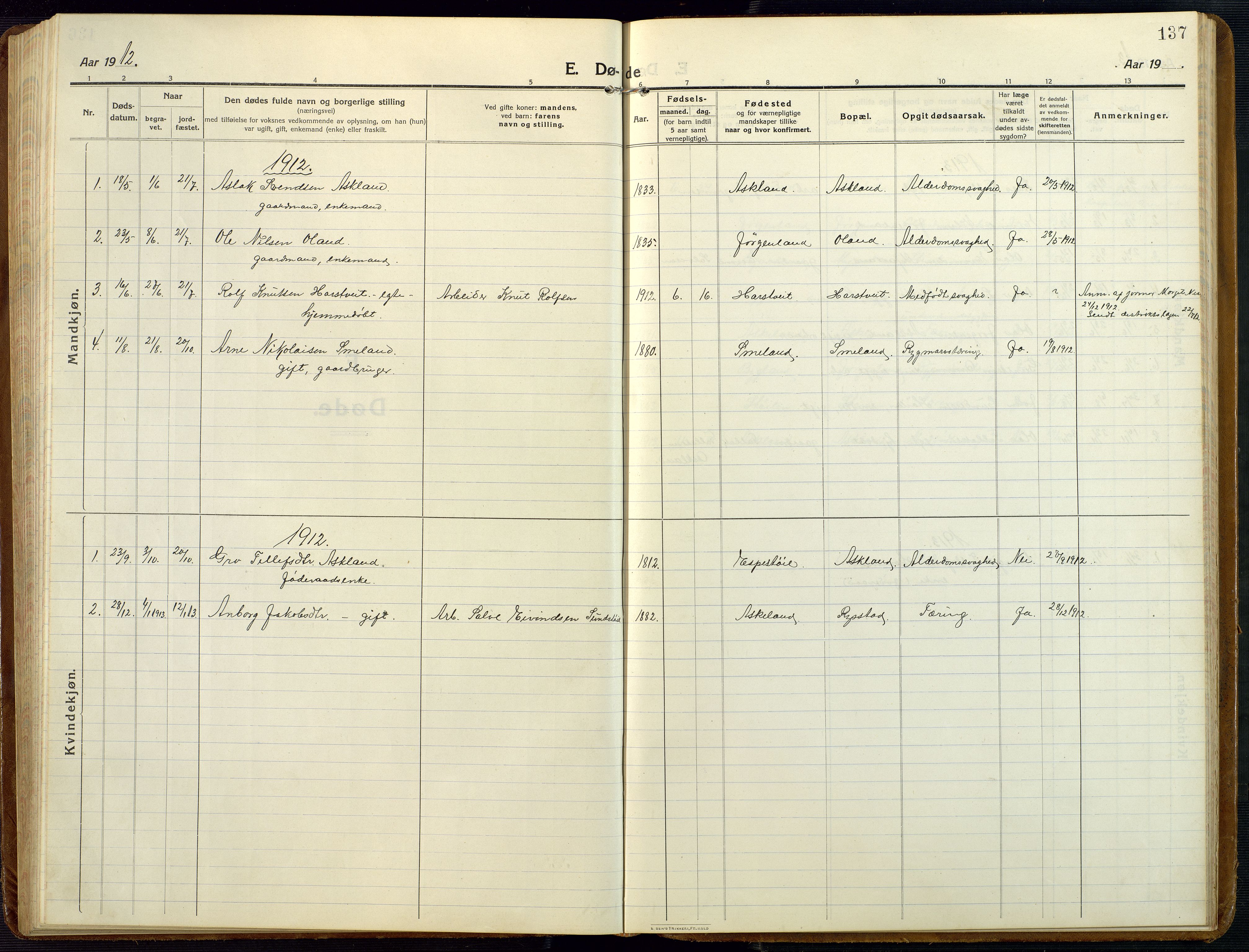 Åmli sokneprestkontor, AV/SAK-1111-0050/F/Fb/Fba/L0003: Klokkerbok nr. B 3, 1912-1974, s. 137