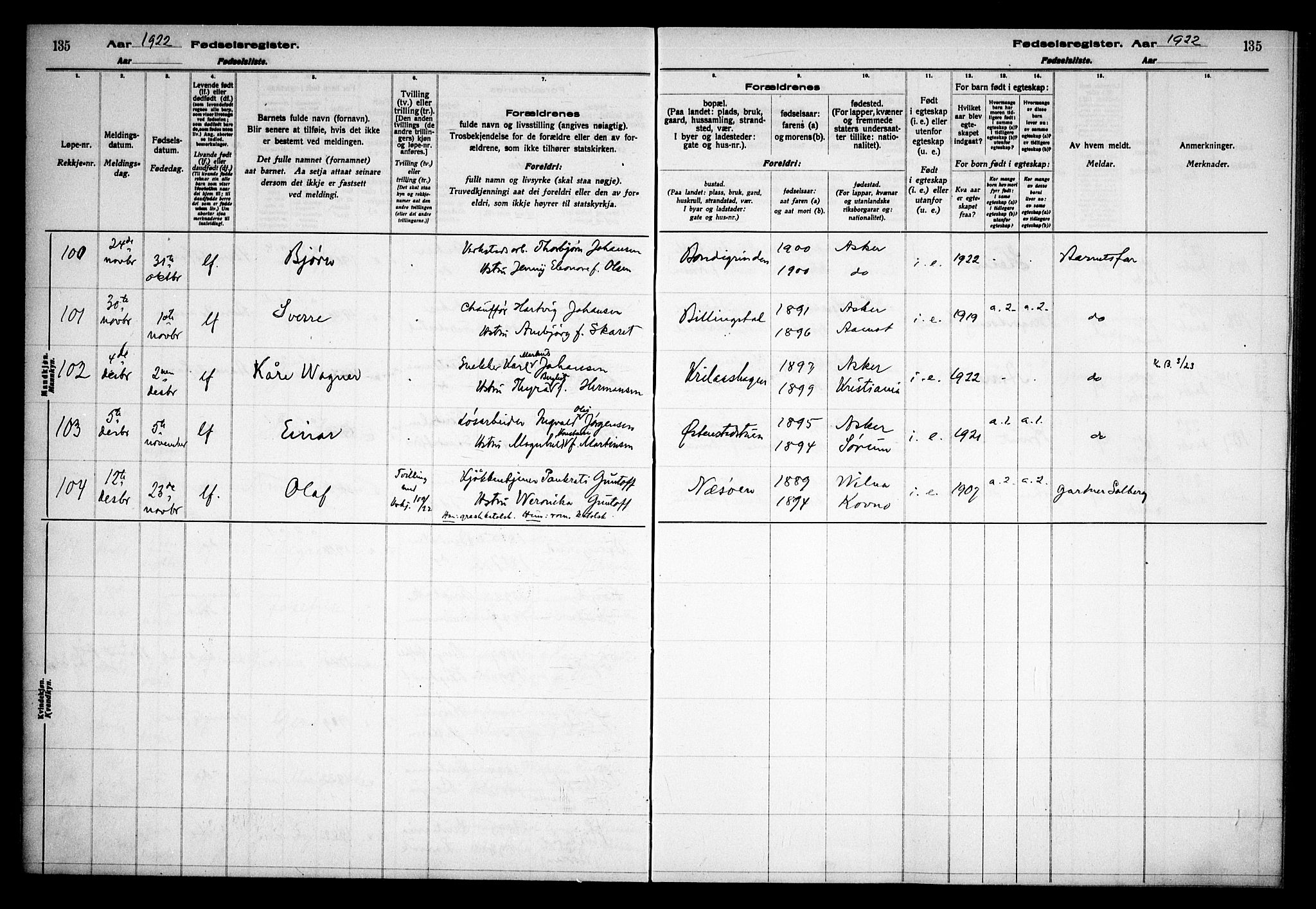 Asker prestekontor Kirkebøker, AV/SAO-A-10256a/J/L0001: Fødselsregister nr. 1, 1916-1925, s. 135