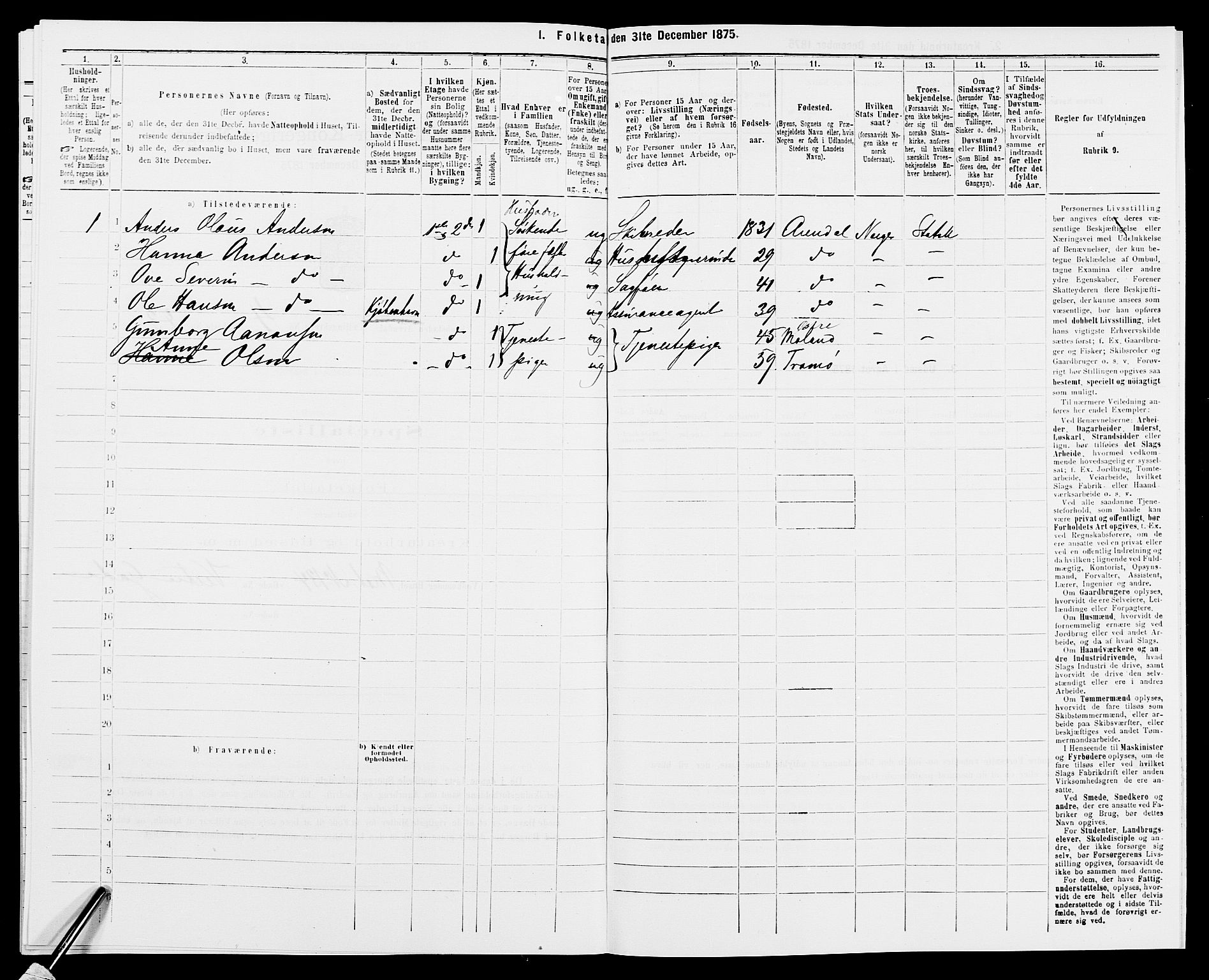 SAK, Folketelling 1875 for 0903P Arendal prestegjeld, 1875, s. 113