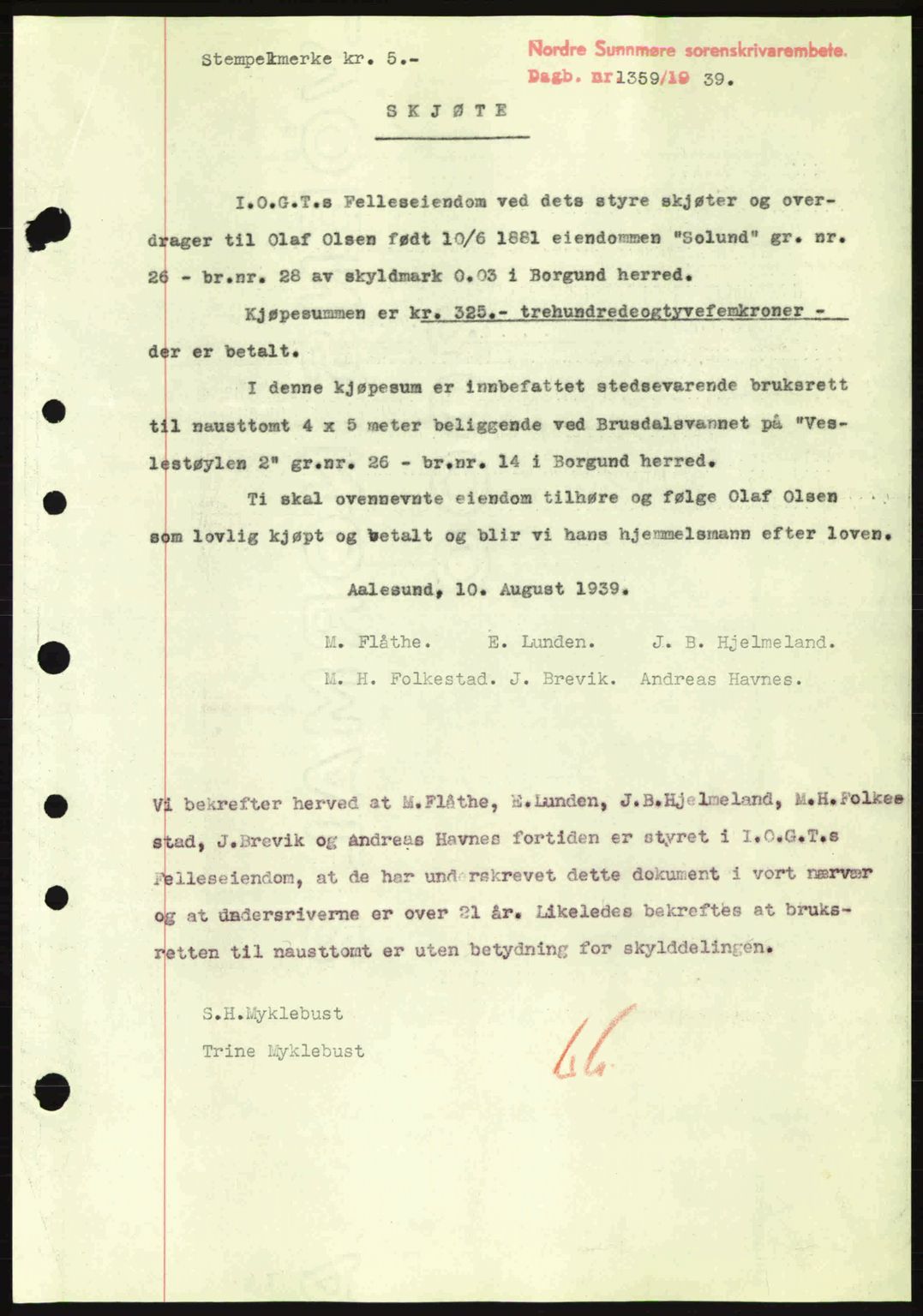 Nordre Sunnmøre sorenskriveri, SAT/A-0006/1/2/2C/2Ca: Pantebok nr. A7, 1939-1939, Dagboknr: 1359/1939