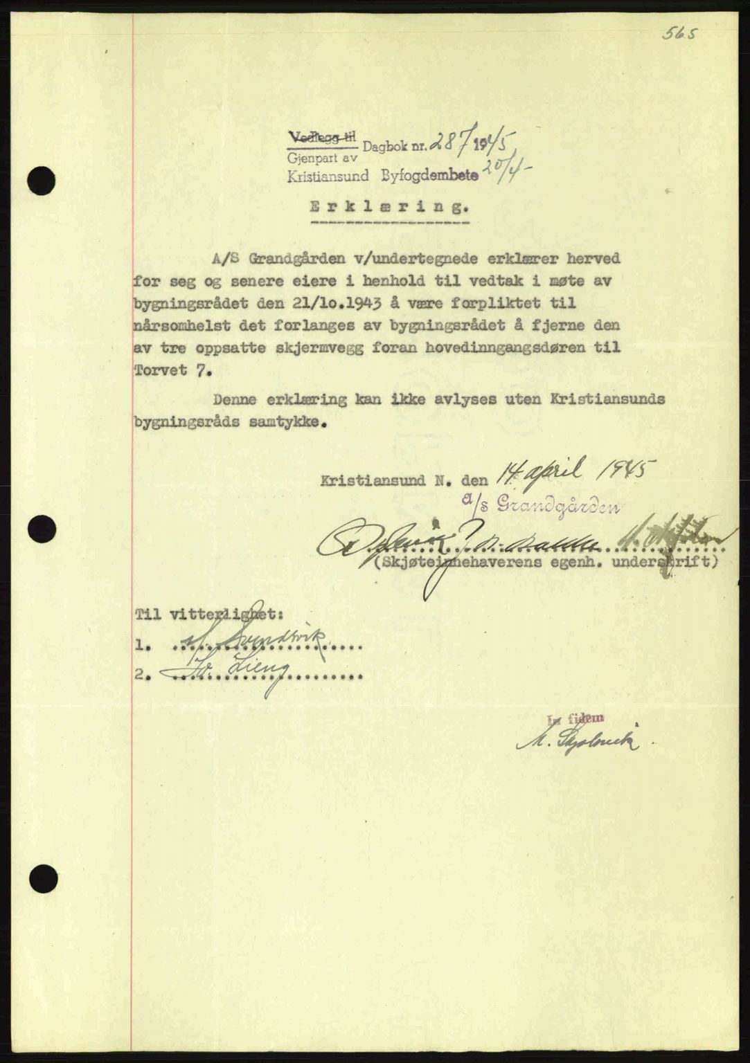 Kristiansund byfogd, SAT/A-4587/A/27: Pantebok nr. 37-38, 1943-1945, Dagboknr: 287/1945