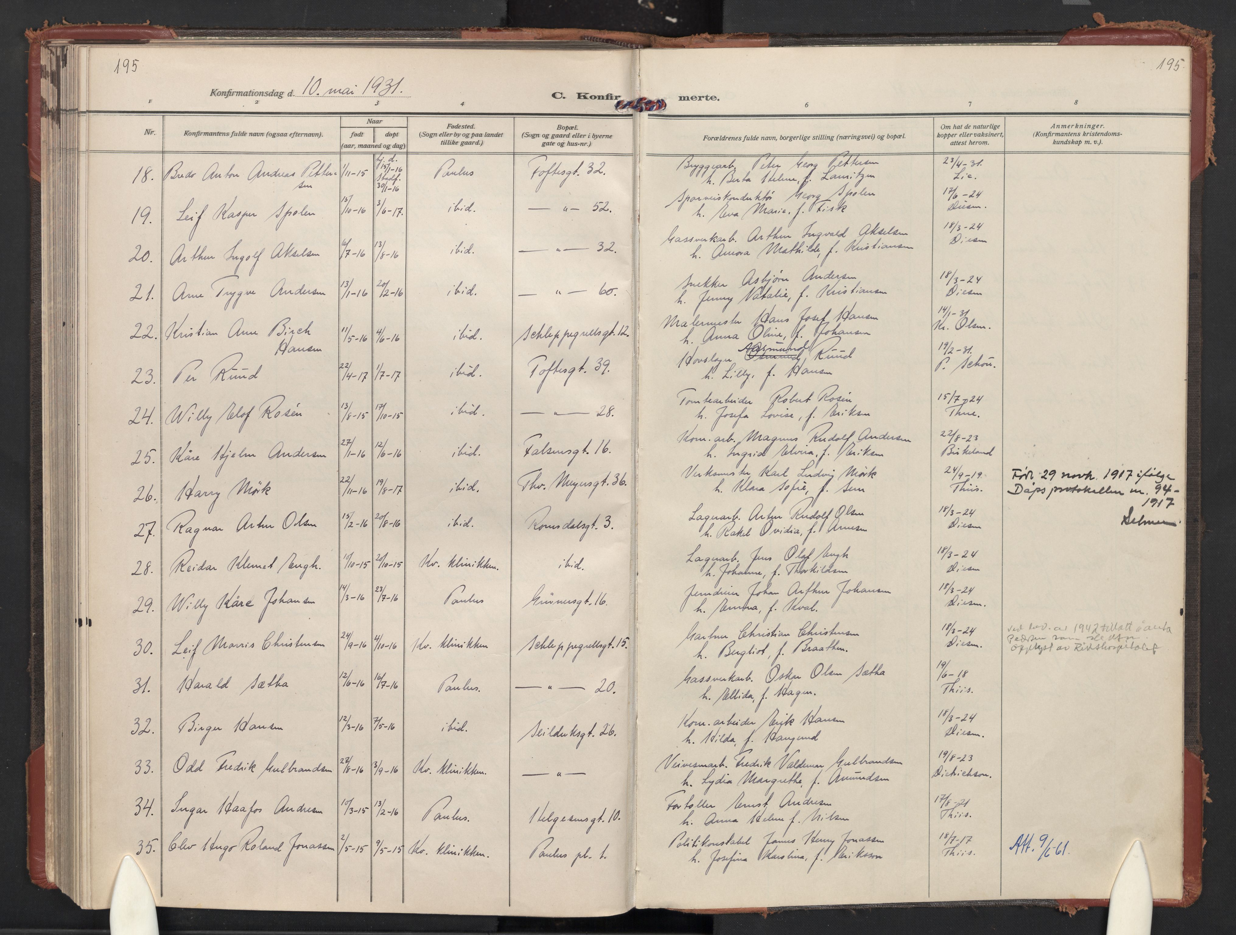 Paulus prestekontor Kirkebøker, AV/SAO-A-10871/F/Fa/L0026: Ministerialbok nr. 26, 1920-1932, s. 195