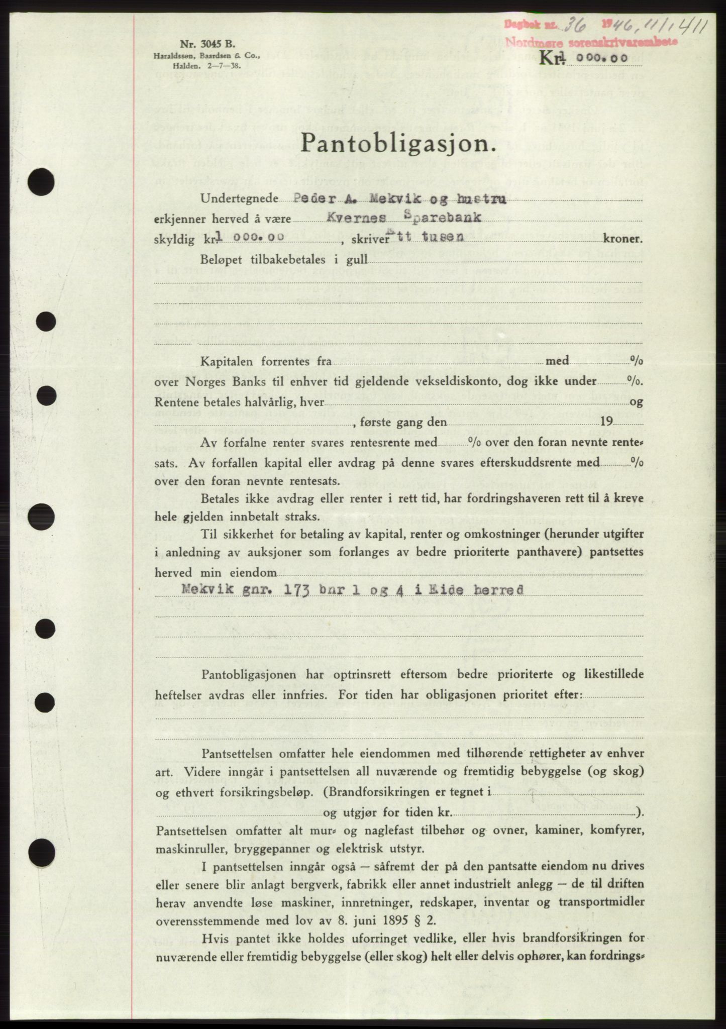 Nordmøre sorenskriveri, SAT/A-4132/1/2/2Ca: Pantebok nr. B93b, 1946-1946, Dagboknr: 36/1946