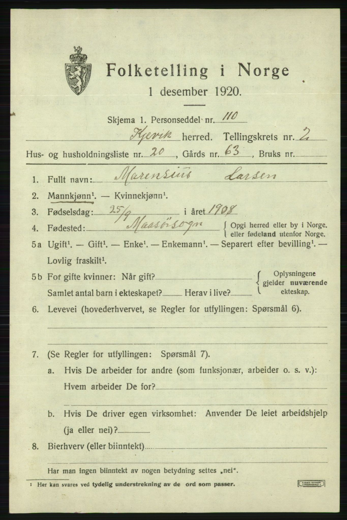 SATØ, Folketelling 1920 for 2019 Kjelvik herred, 1920, s. 1605