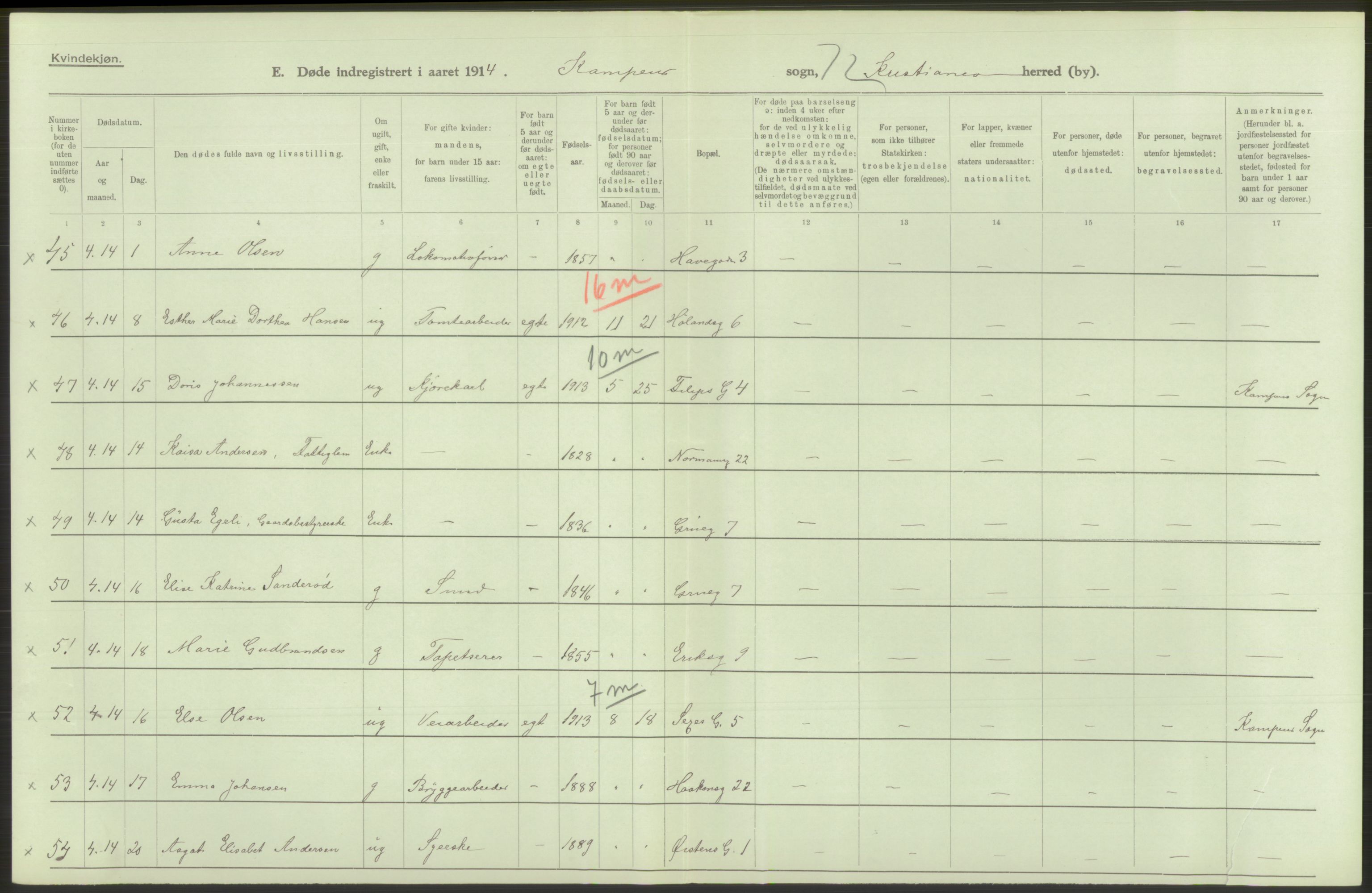 Statistisk sentralbyrå, Sosiodemografiske emner, Befolkning, AV/RA-S-2228/D/Df/Dfb/Dfbd/L0008: Kristiania: Døde, 1914, s. 466