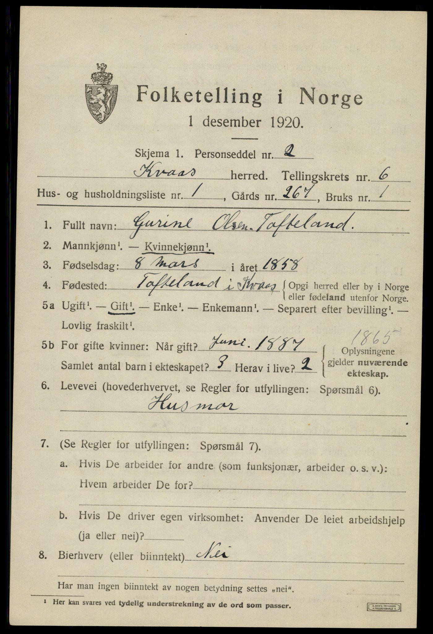 SAK, Folketelling 1920 for 1033 Kvås herred, 1920, s. 1504