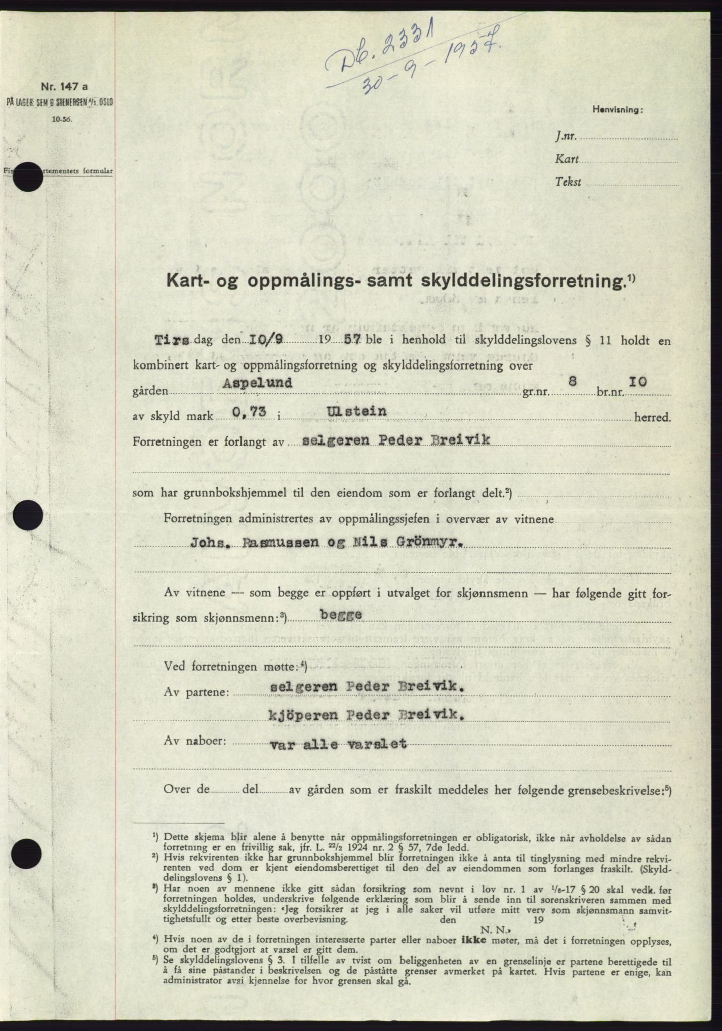 Søre Sunnmøre sorenskriveri, SAT/A-4122/1/2/2C/L0107: Pantebok nr. 33A, 1957-1957, Dagboknr: 2331/1957