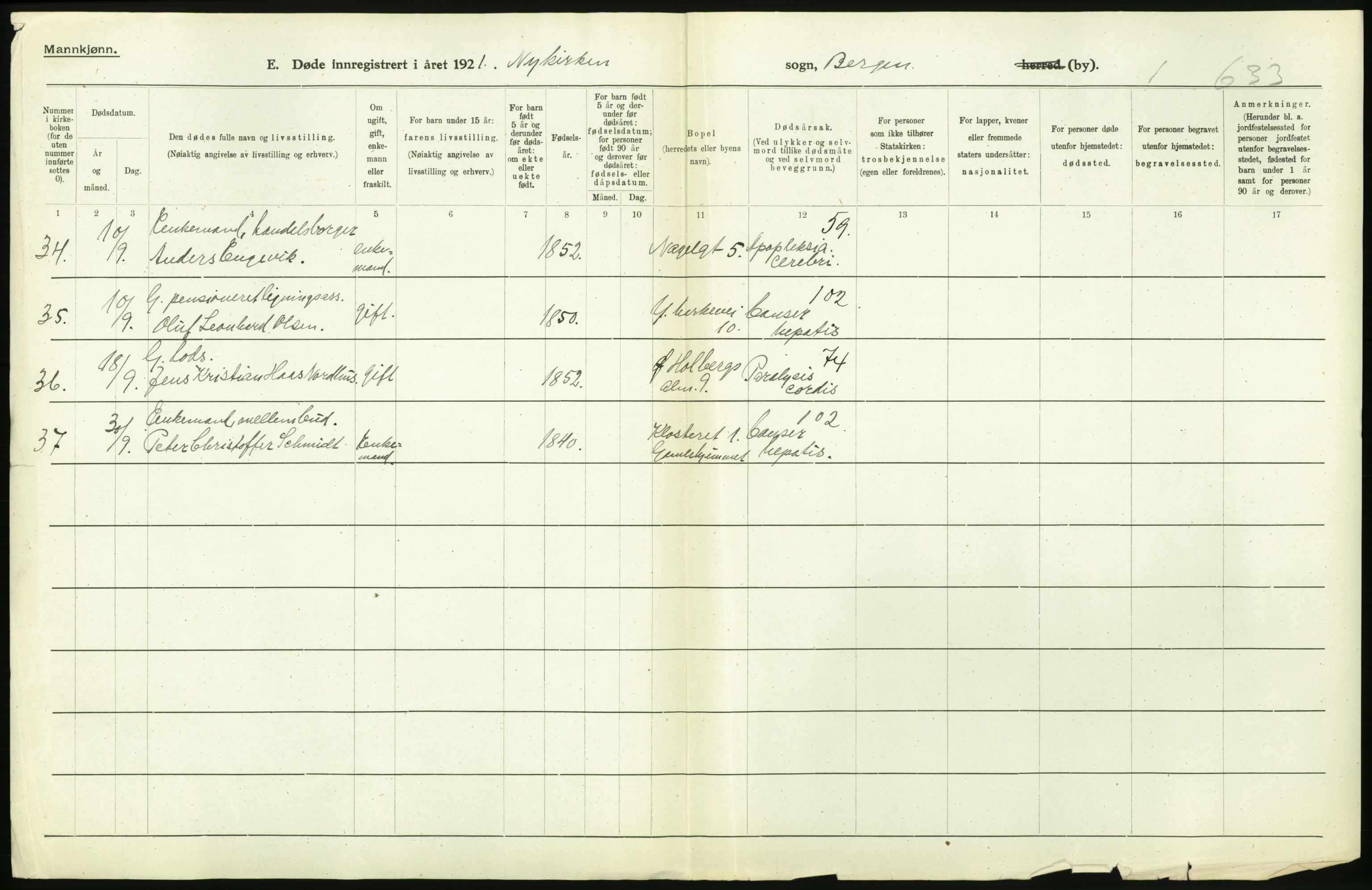 Statistisk sentralbyrå, Sosiodemografiske emner, Befolkning, AV/RA-S-2228/D/Df/Dfc/Dfca/L0036: Bergen: Døde., 1921, s. 76