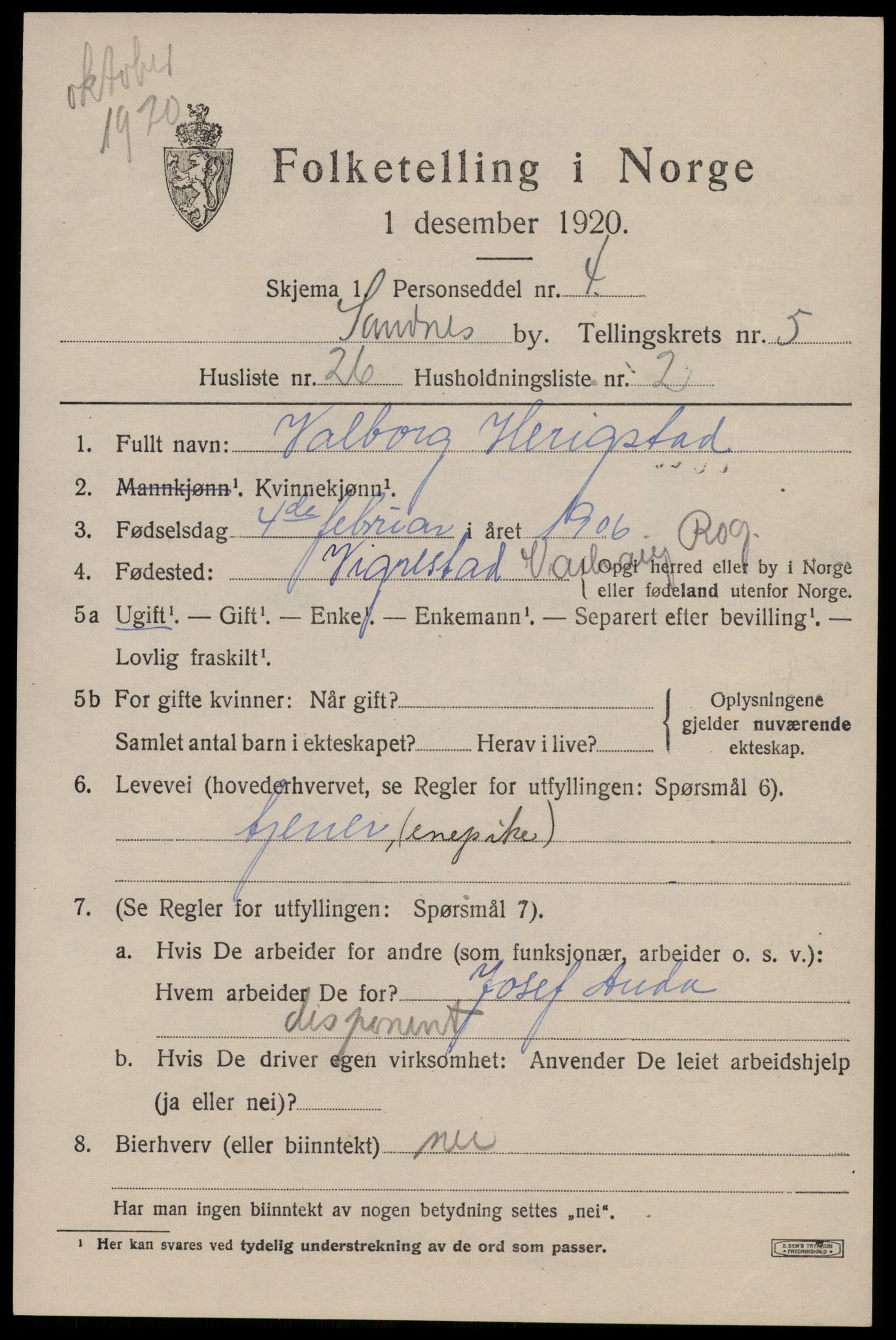 SAST, Folketelling 1920 for 1102 Sandnes ladested, 1920, s. 4976