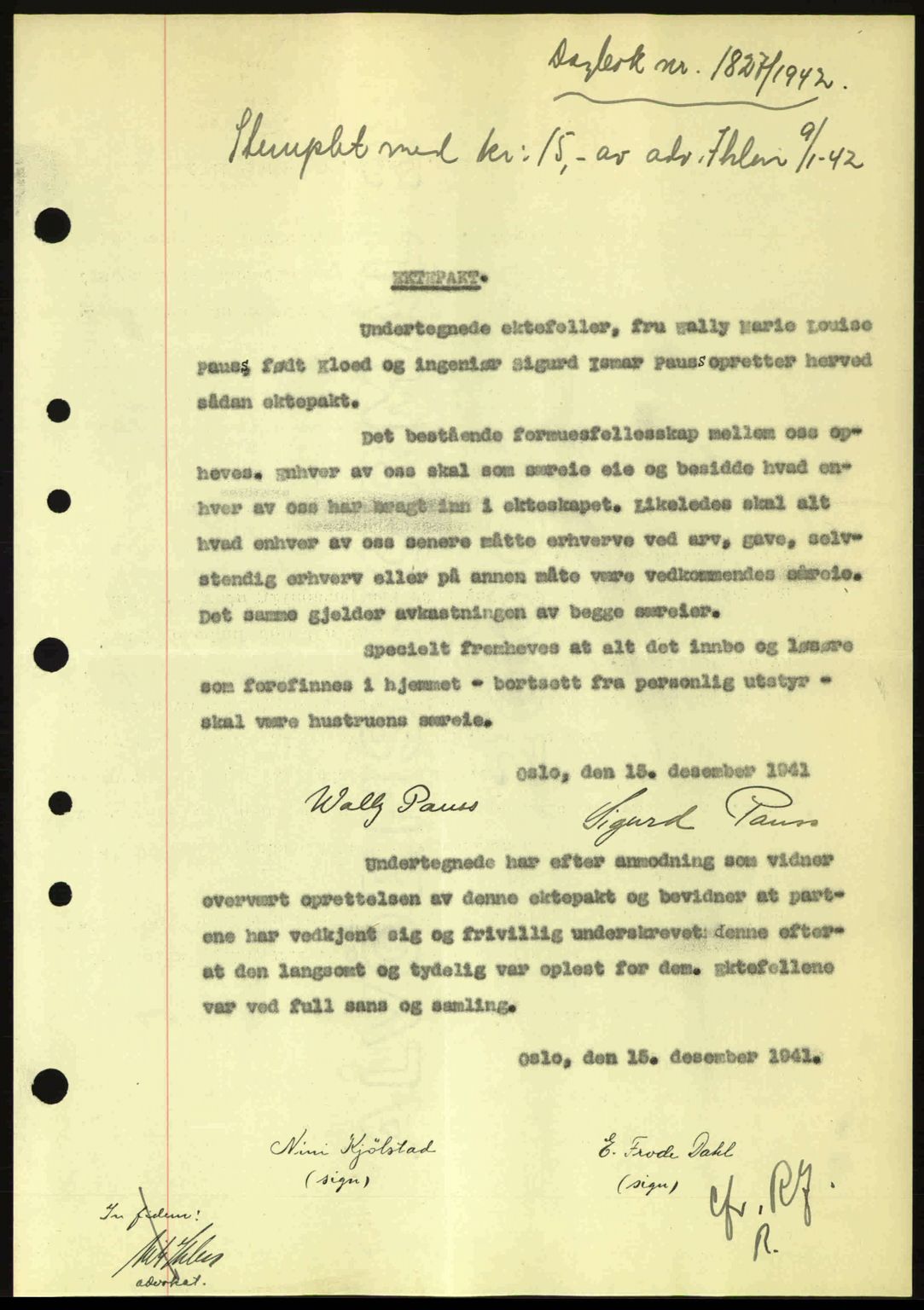 Moss sorenskriveri, SAO/A-10168: Pantebok nr. A10, 1942-1943, Dagboknr: 1827/1942