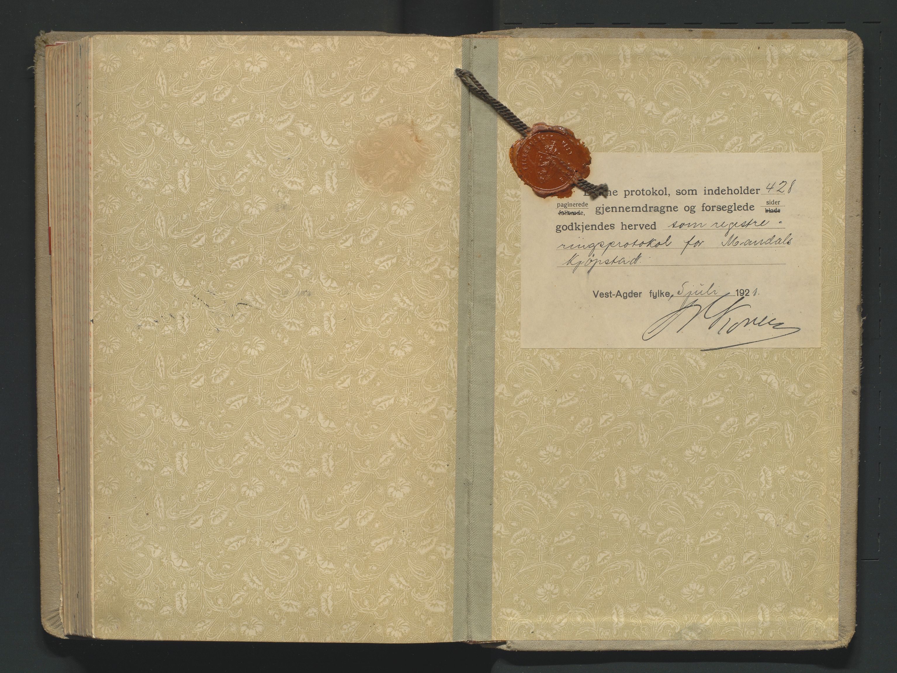 Mandal sorenskriveri, SAK/1221-0005/001/H/Hc/L0067: Skifteregistreringsprotokoll nr 23 Mandal by, 1921-1944