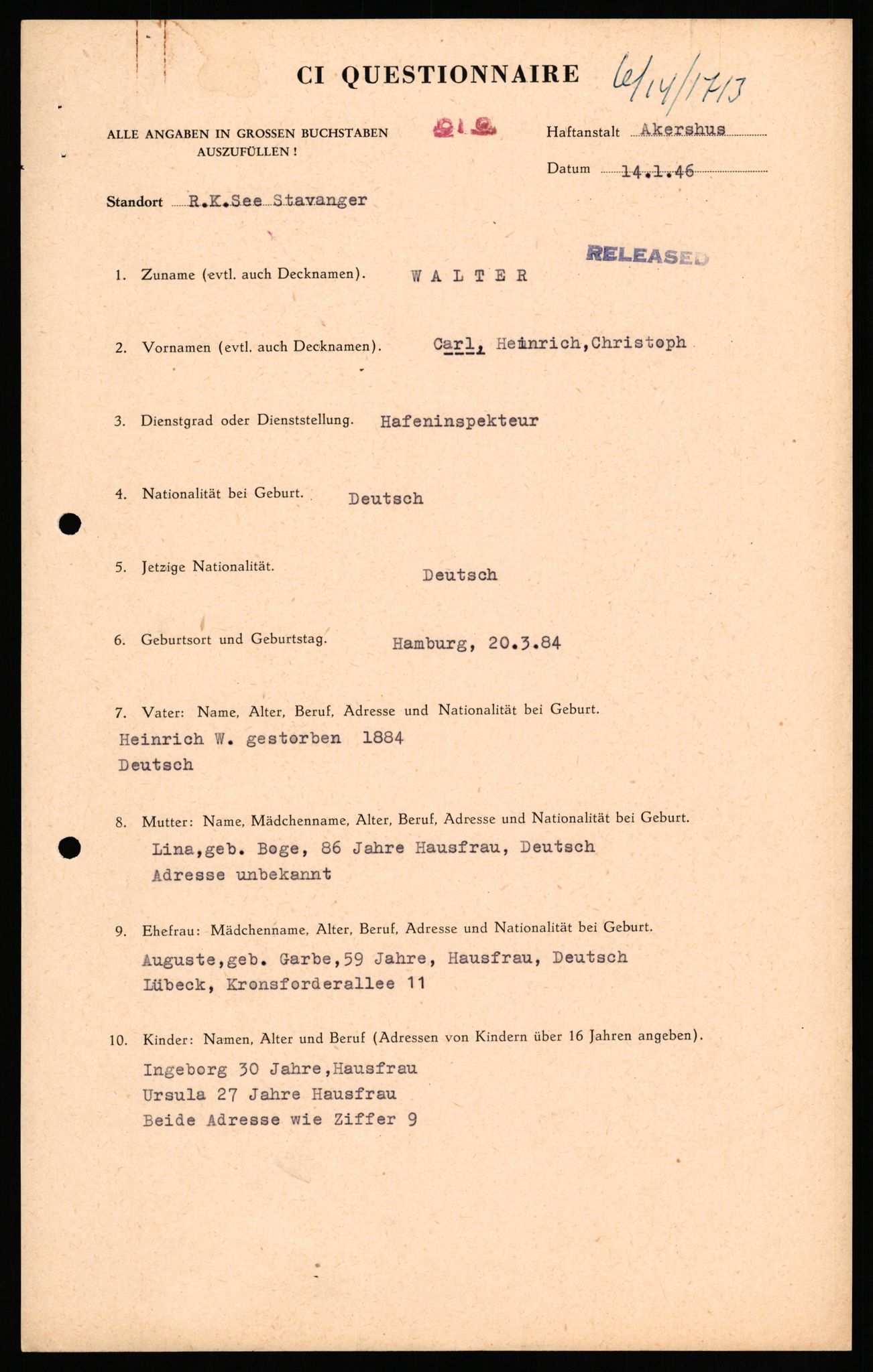 Forsvaret, Forsvarets overkommando II, RA/RAFA-3915/D/Db/L0034: CI Questionaires. Tyske okkupasjonsstyrker i Norge. Tyskere., 1945-1946, s. 453