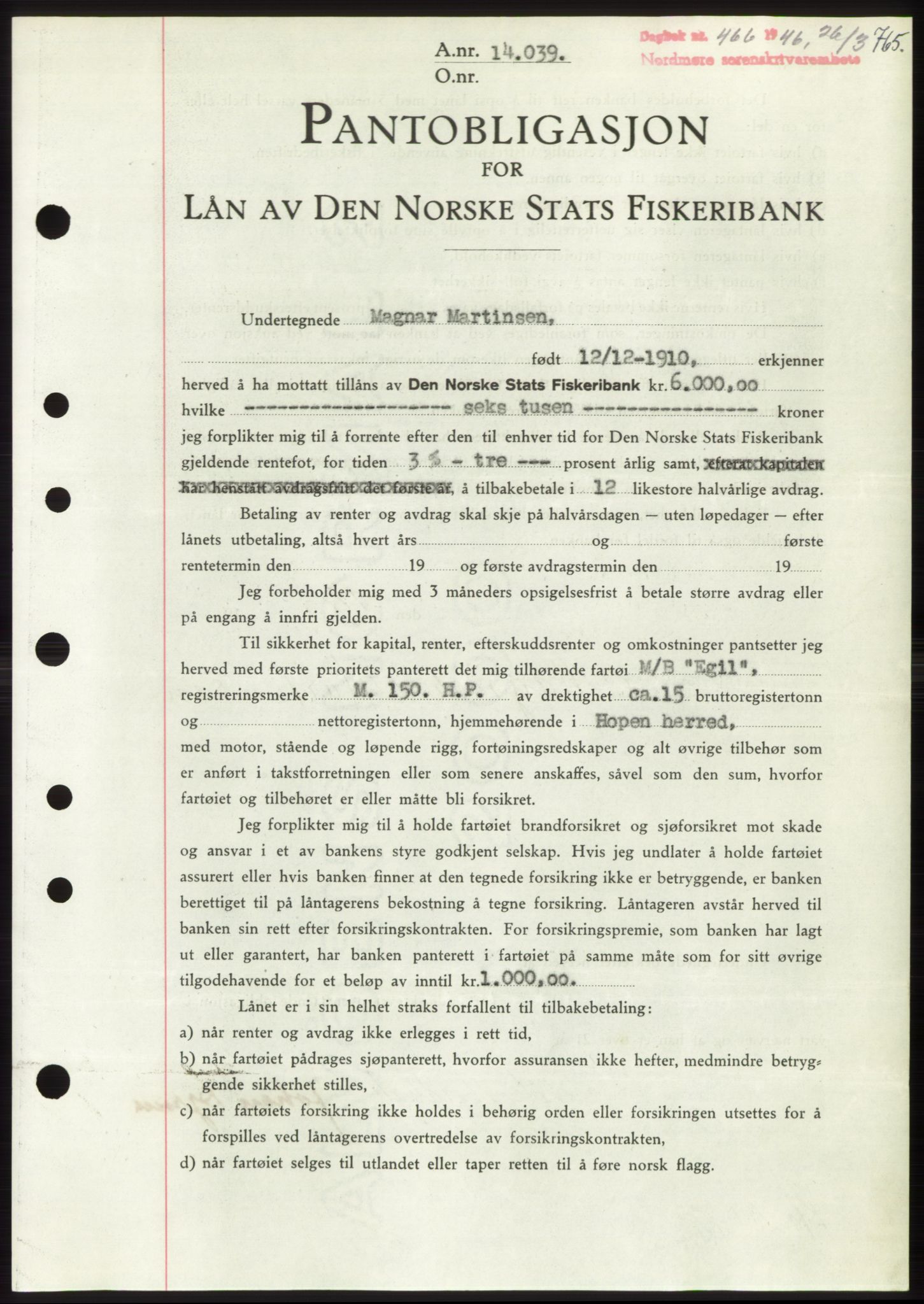 Nordmøre sorenskriveri, SAT/A-4132/1/2/2Ca: Pantebok nr. B93b, 1946-1946, Dagboknr: 466/1946