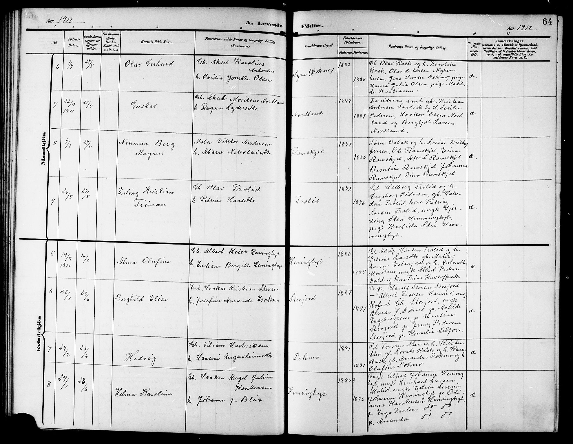 Ministerialprotokoller, klokkerbøker og fødselsregistre - Nordland, AV/SAT-A-1459/846/L0655: Klokkerbok nr. 846C05, 1902-1916, s. 64