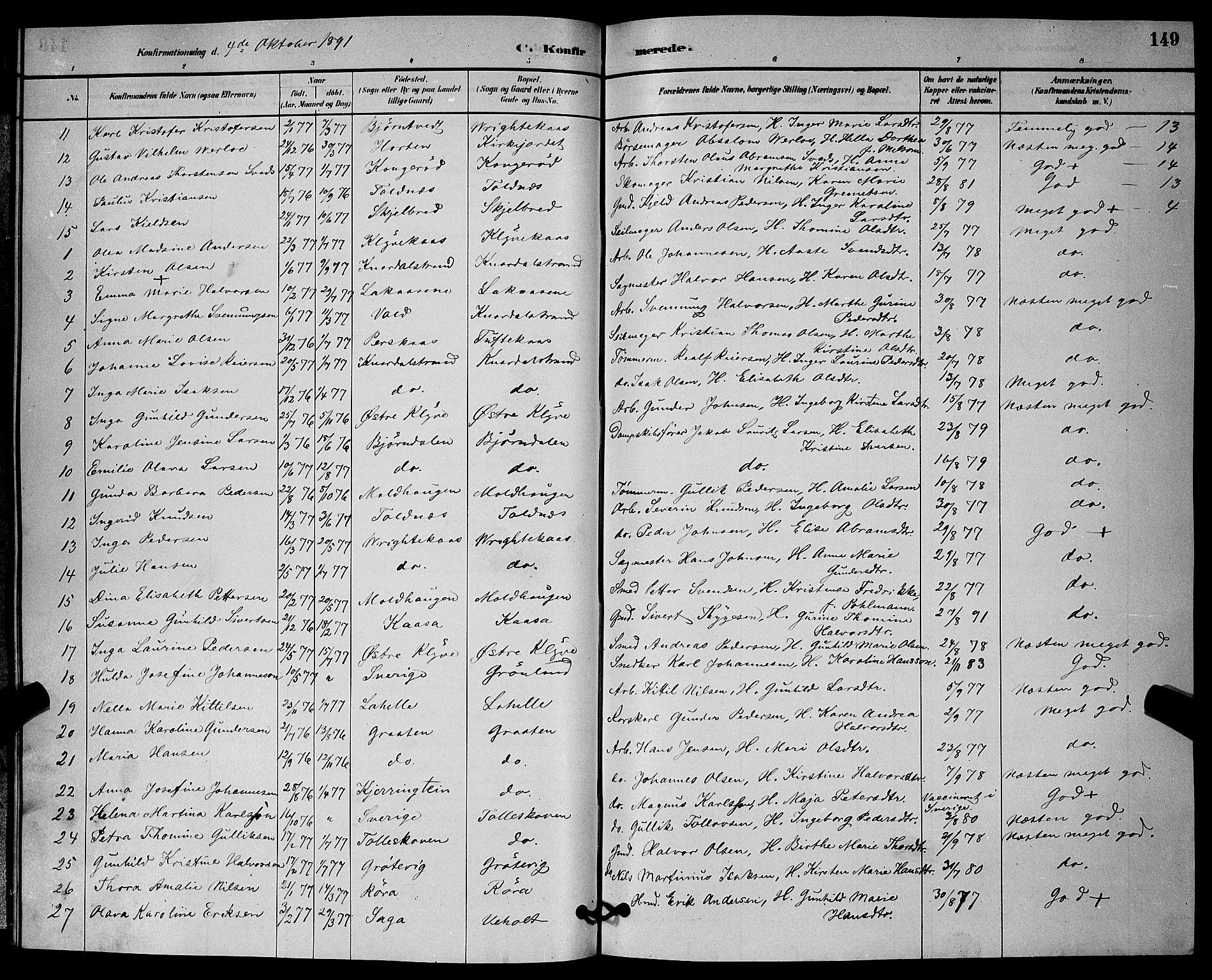 Solum kirkebøker, AV/SAKO-A-306/G/Ga/L0007: Klokkerbok nr. I 7, 1884-1898, s. 149