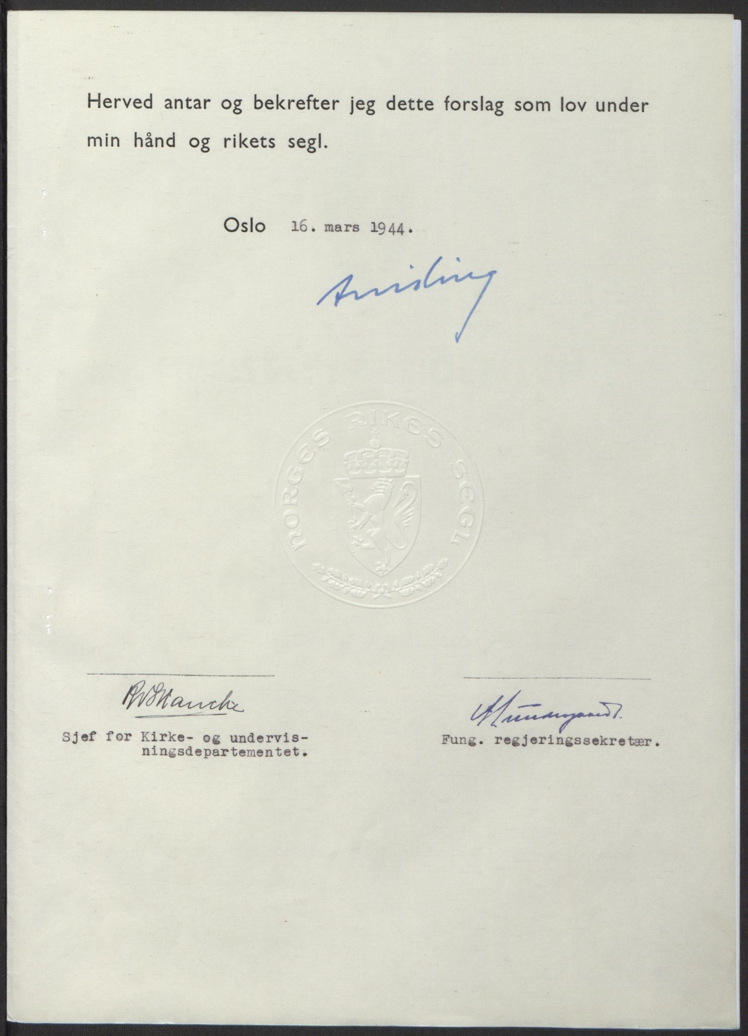 NS-administrasjonen 1940-1945 (Statsrådsekretariatet, de kommisariske statsråder mm), RA/S-4279/D/Db/L0100: Lover, 1944, s. 137