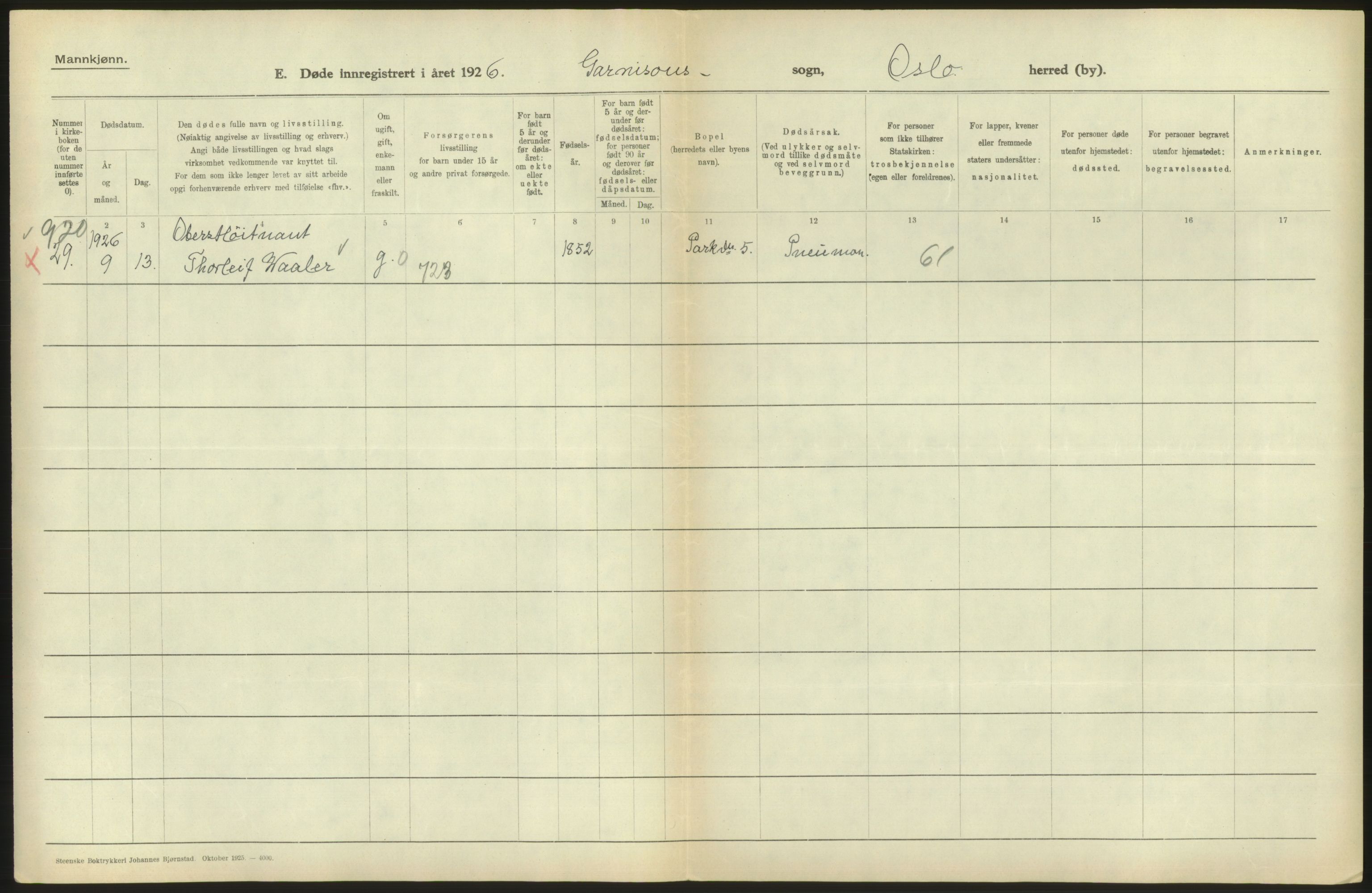 Statistisk sentralbyrå, Sosiodemografiske emner, Befolkning, AV/RA-S-2228/D/Df/Dfc/Dfcf/L0009: Oslo: Døde menn, 1926, s. 406