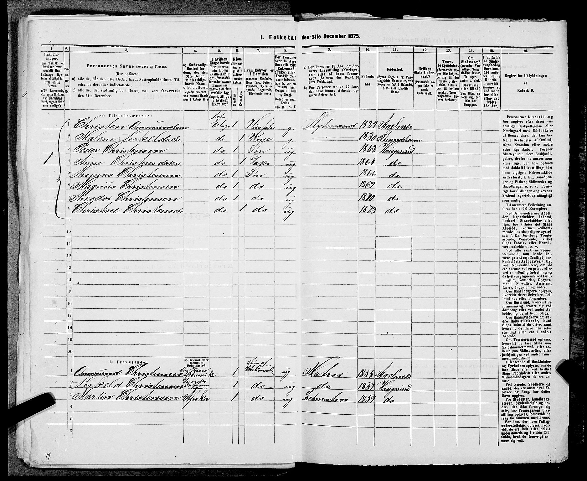 SAST, Folketelling 1875 for 1106B Torvastad prestegjeld, Haugesund kjøpstad, 1875, s. 843