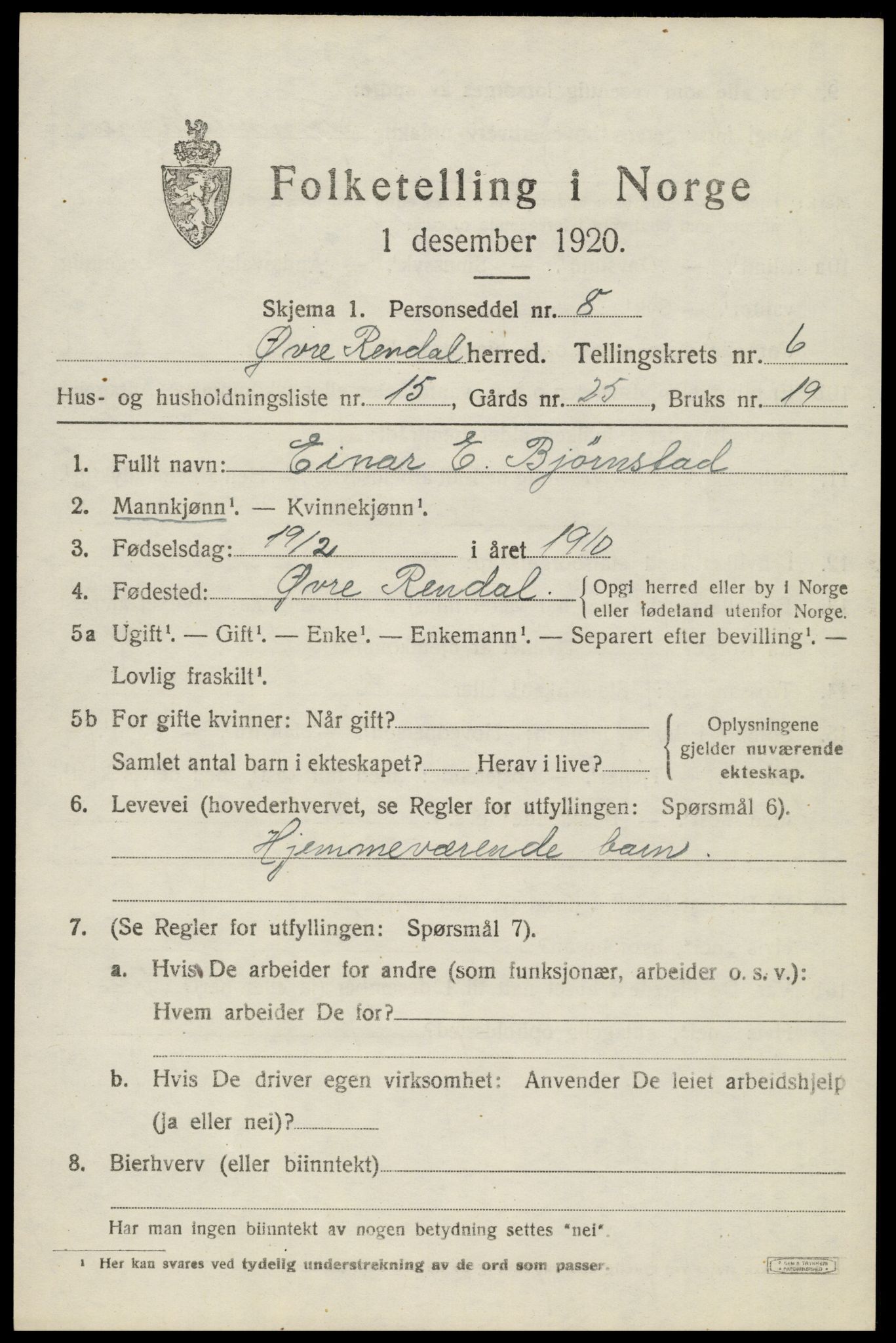 SAH, Folketelling 1920 for 0433 Øvre Rendal herred, 1920, s. 2301