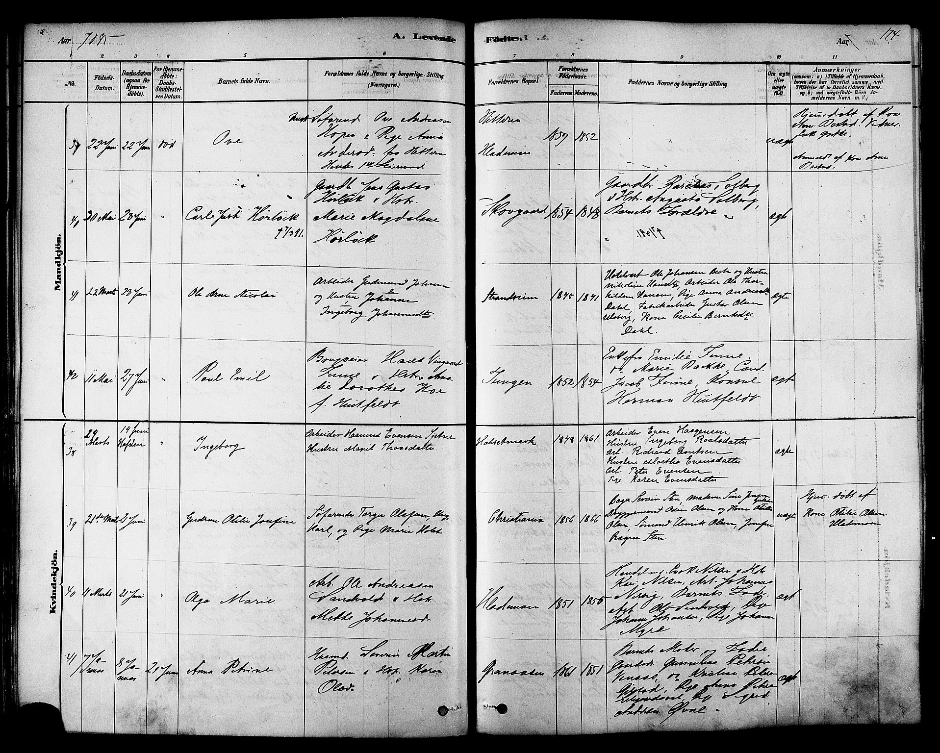 Ministerialprotokoller, klokkerbøker og fødselsregistre - Sør-Trøndelag, SAT/A-1456/606/L0294: Ministerialbok nr. 606A09, 1878-1886, s. 174