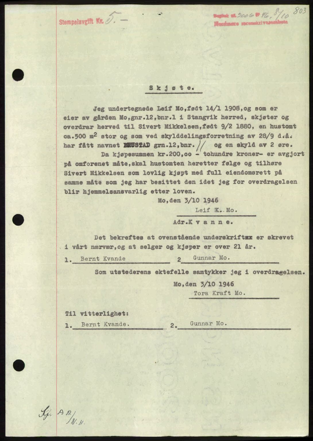 Nordmøre sorenskriveri, SAT/A-4132/1/2/2Ca: Pantebok nr. A102, 1946-1946, Dagboknr: 2006/1946
