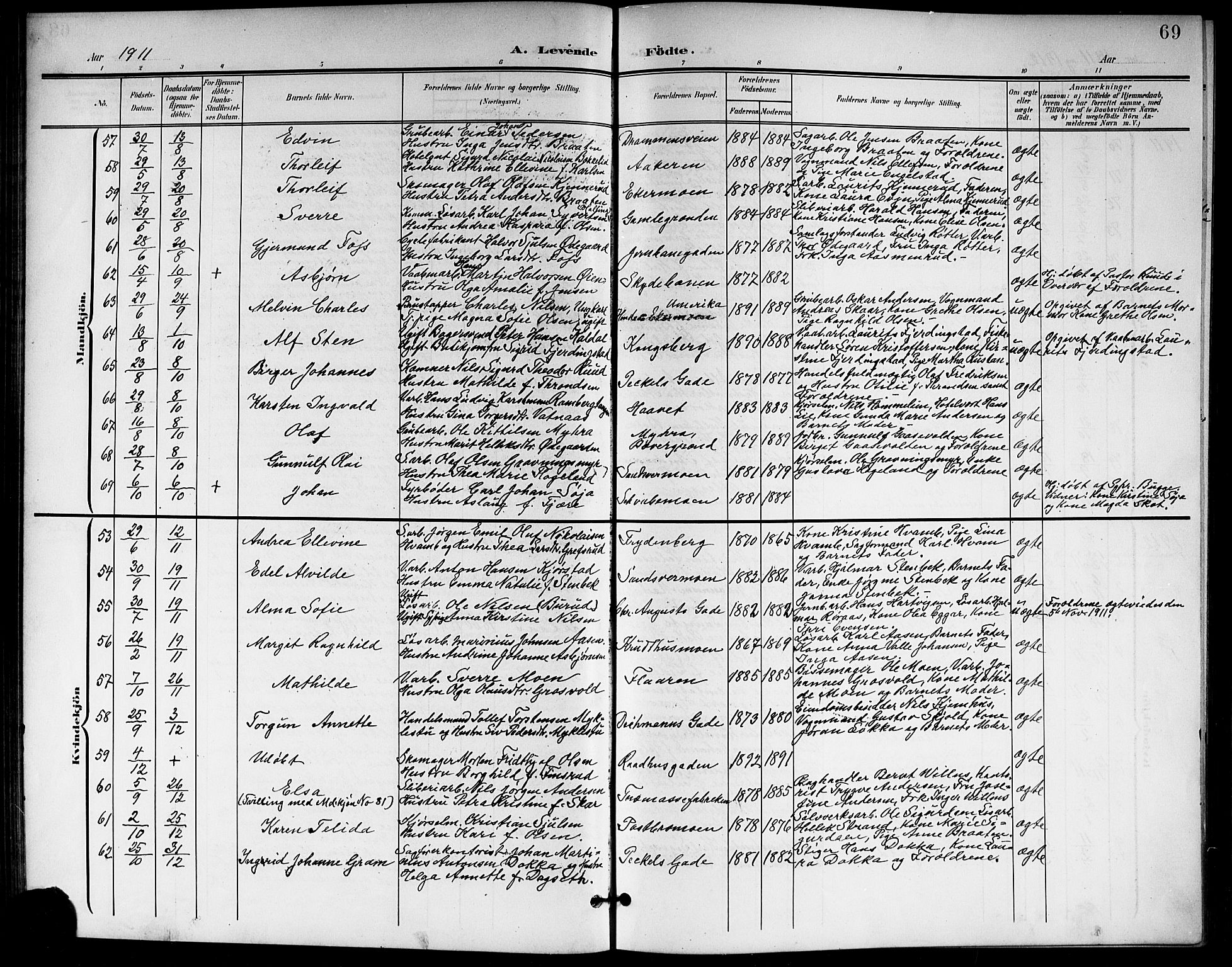 Kongsberg kirkebøker, AV/SAKO-A-22/G/Ga/L0007: Klokkerbok nr. 7, 1901-1915, s. 69