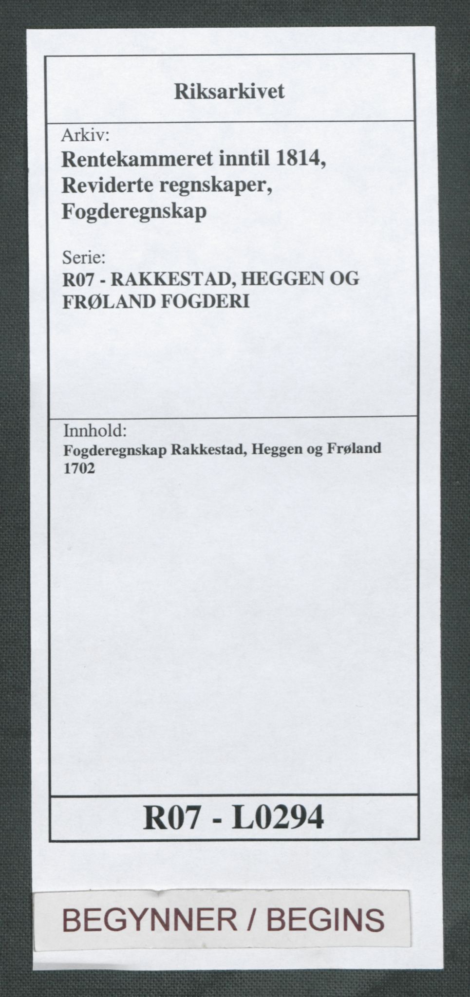 Rentekammeret inntil 1814, Reviderte regnskaper, Fogderegnskap, RA/EA-4092/R07/L0294: Fogderegnskap Rakkestad, Heggen og Frøland, 1702, s. 1