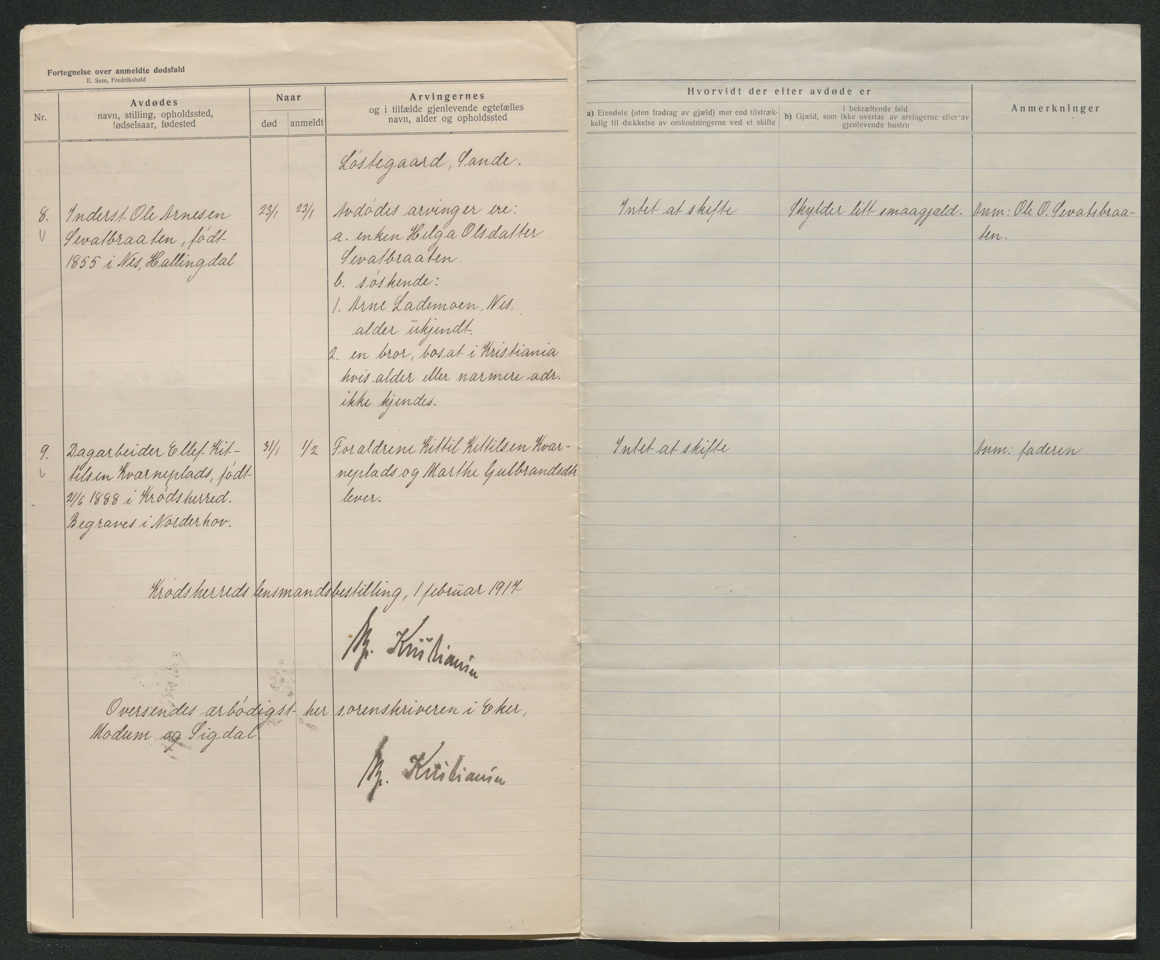 Eiker, Modum og Sigdal sorenskriveri, AV/SAKO-A-123/H/Ha/Hab/L0038: Dødsfallsmeldinger, 1916-1917, s. 858