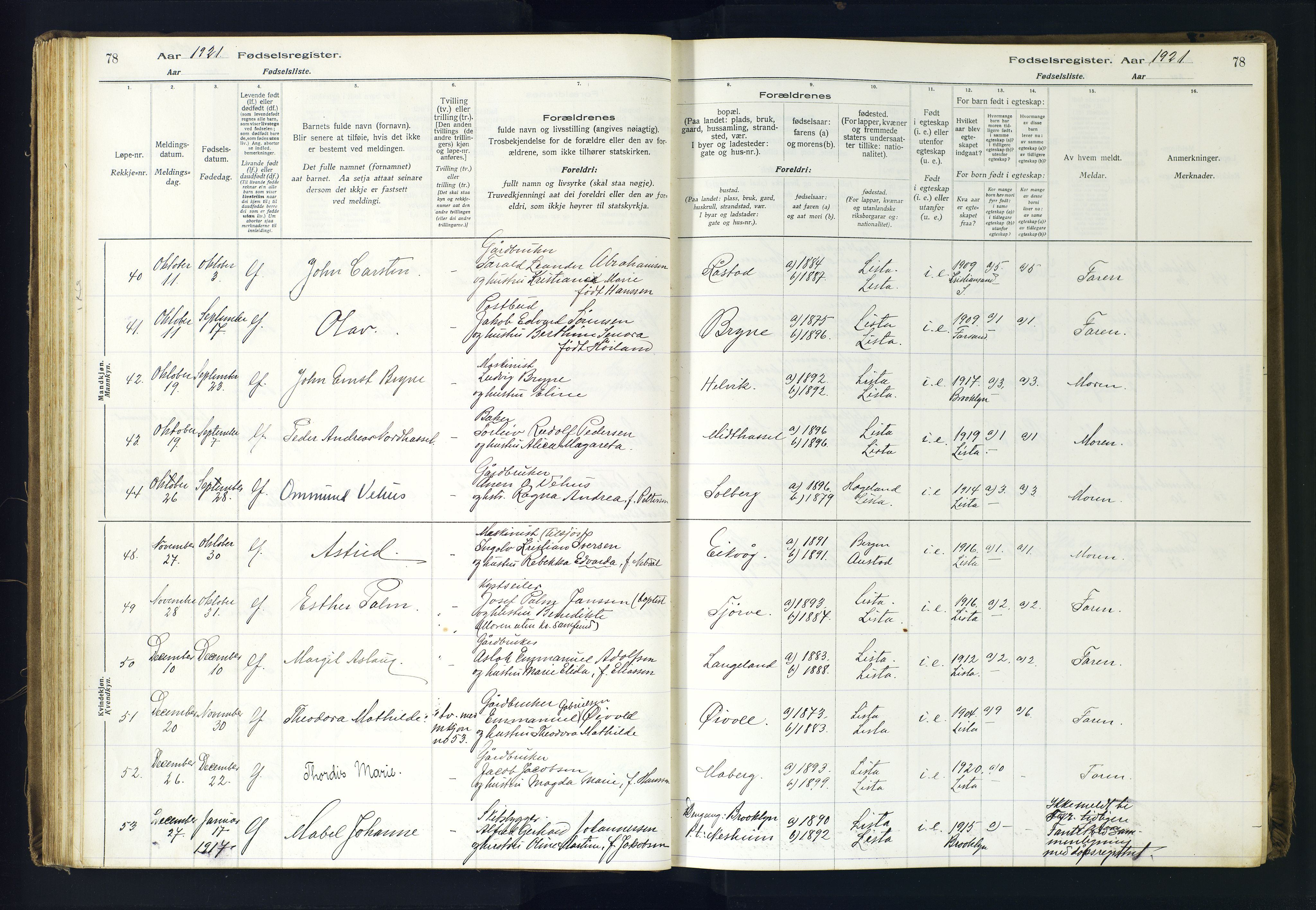 Lista sokneprestkontor, AV/SAK-1111-0027/J/Ja/L0001: Fødselsregister nr. A-VI-30, 1916-1934, s. 78