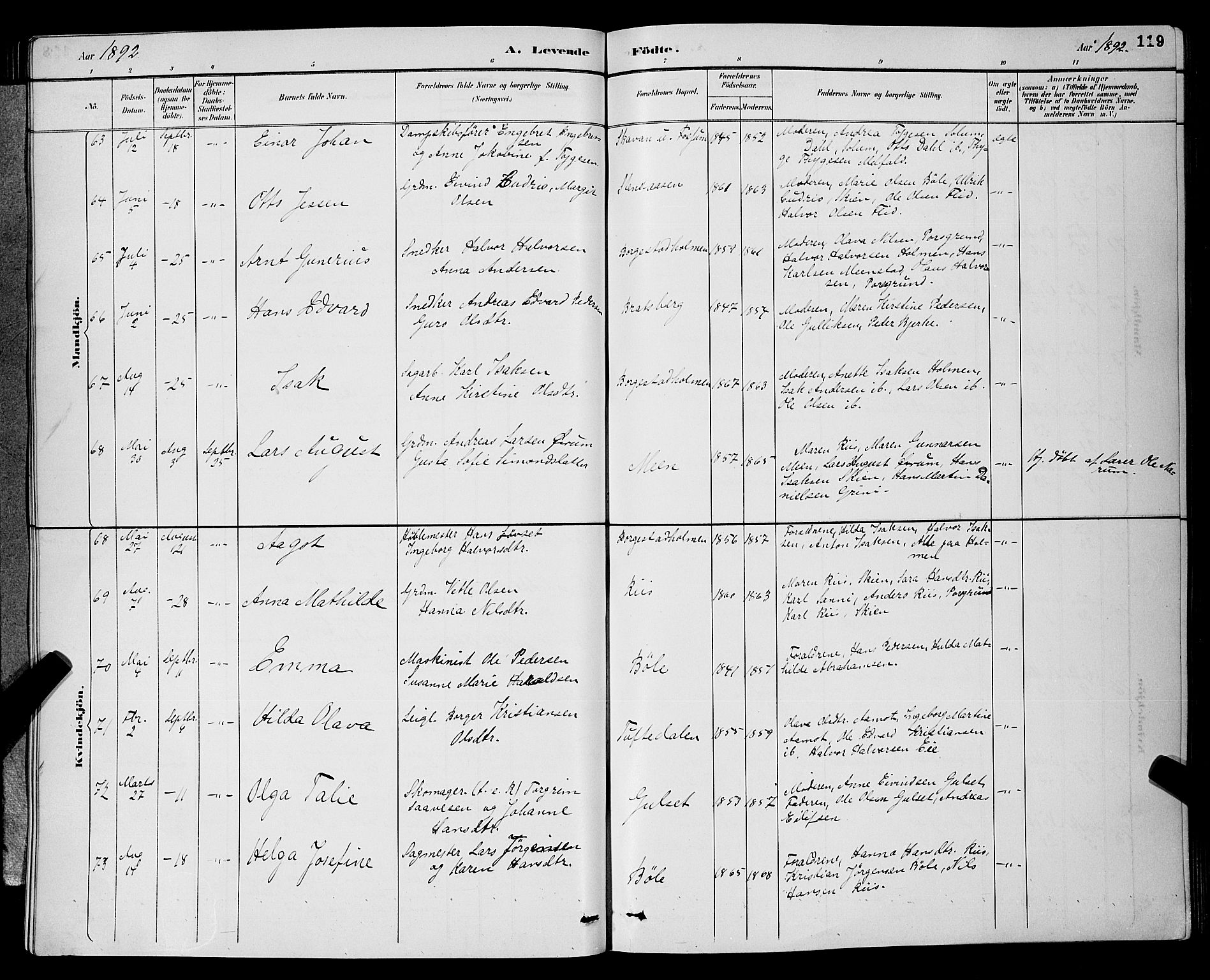 Gjerpen kirkebøker, SAKO/A-265/G/Ga/L0002: Klokkerbok nr. I 2, 1883-1900, s. 119