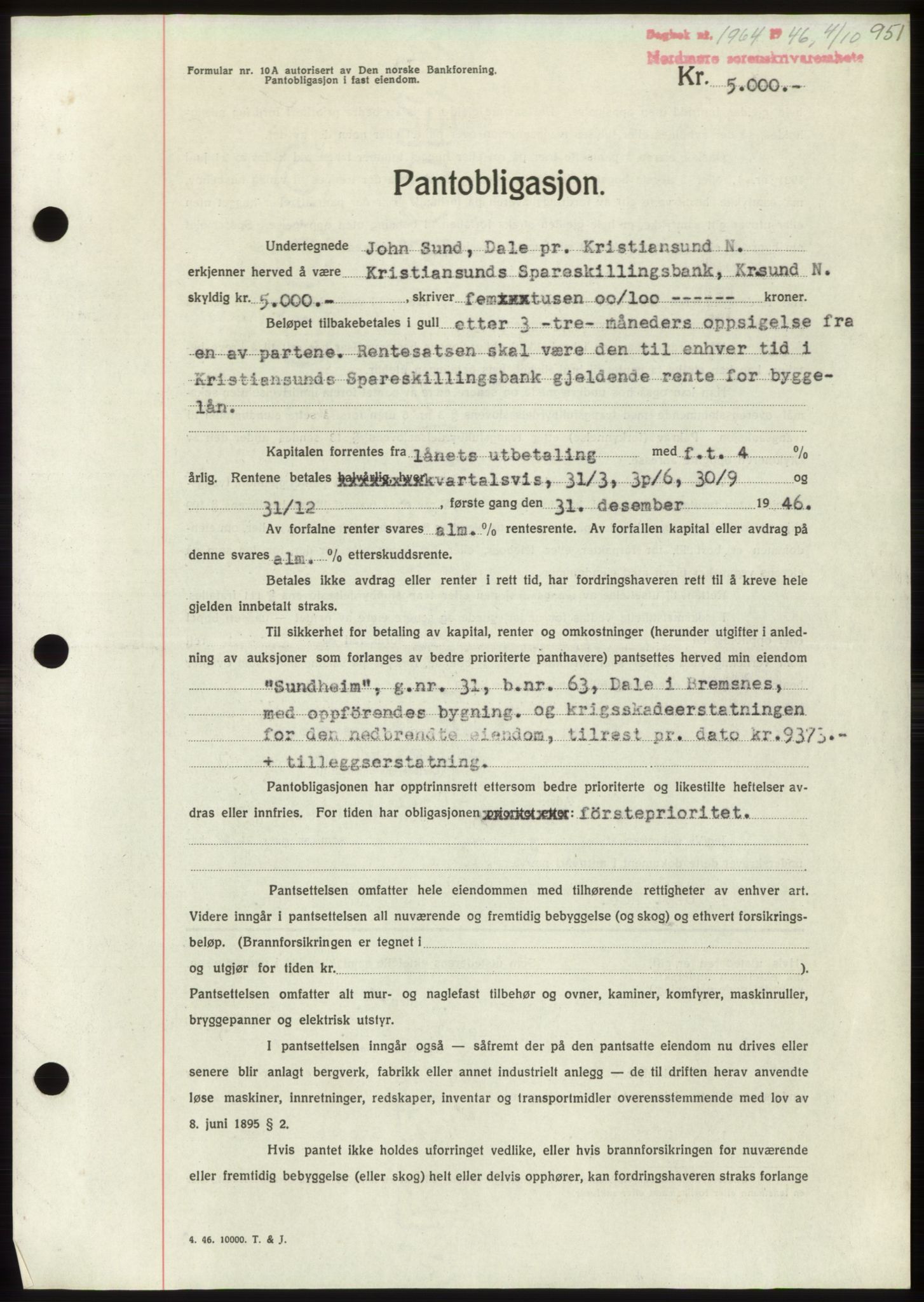 Nordmøre sorenskriveri, SAT/A-4132/1/2/2Ca: Pantebok nr. B94, 1946-1946, Dagboknr: 1964/1946