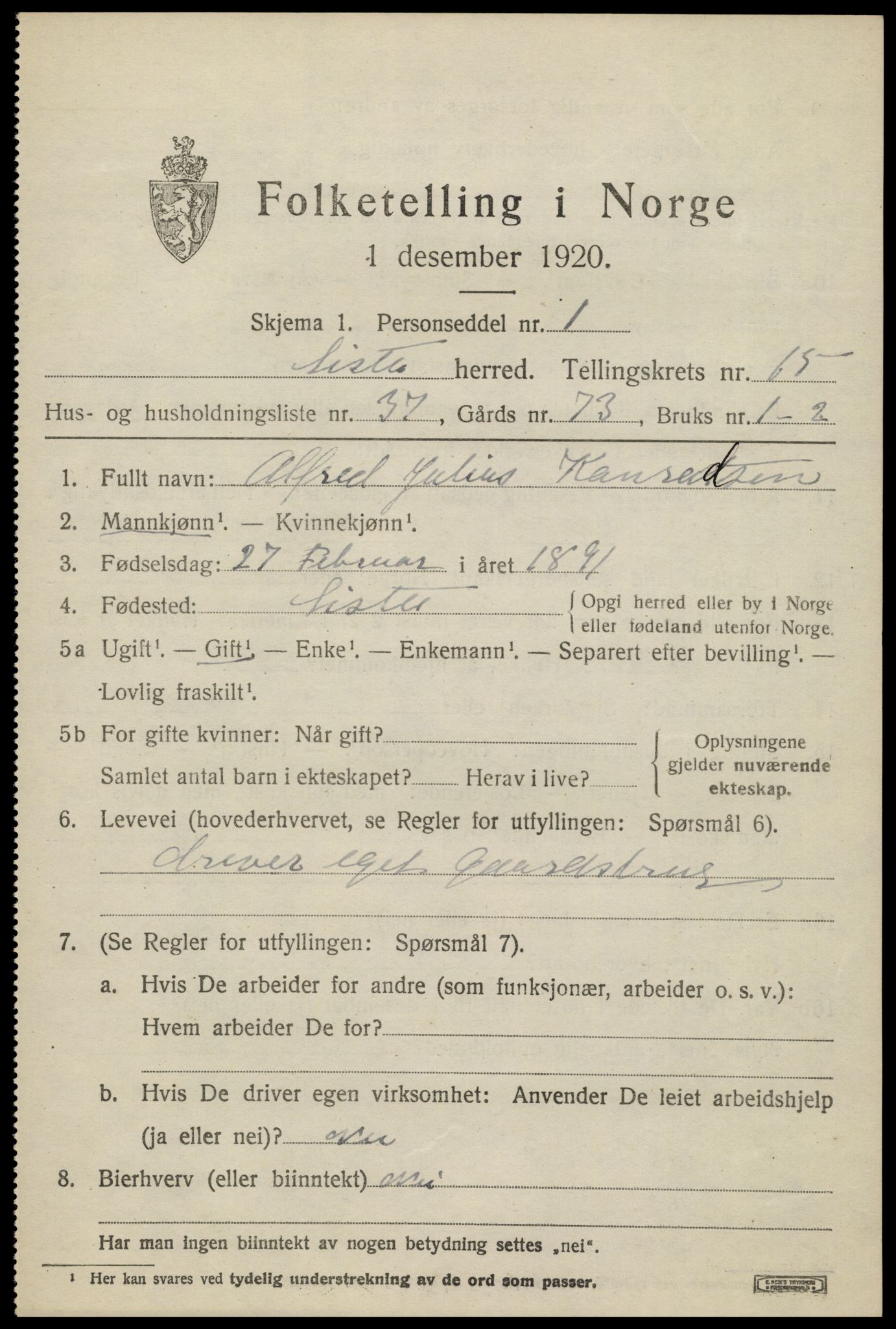 SAK, Folketelling 1920 for 1041 Lista herred, 1920, s. 12903