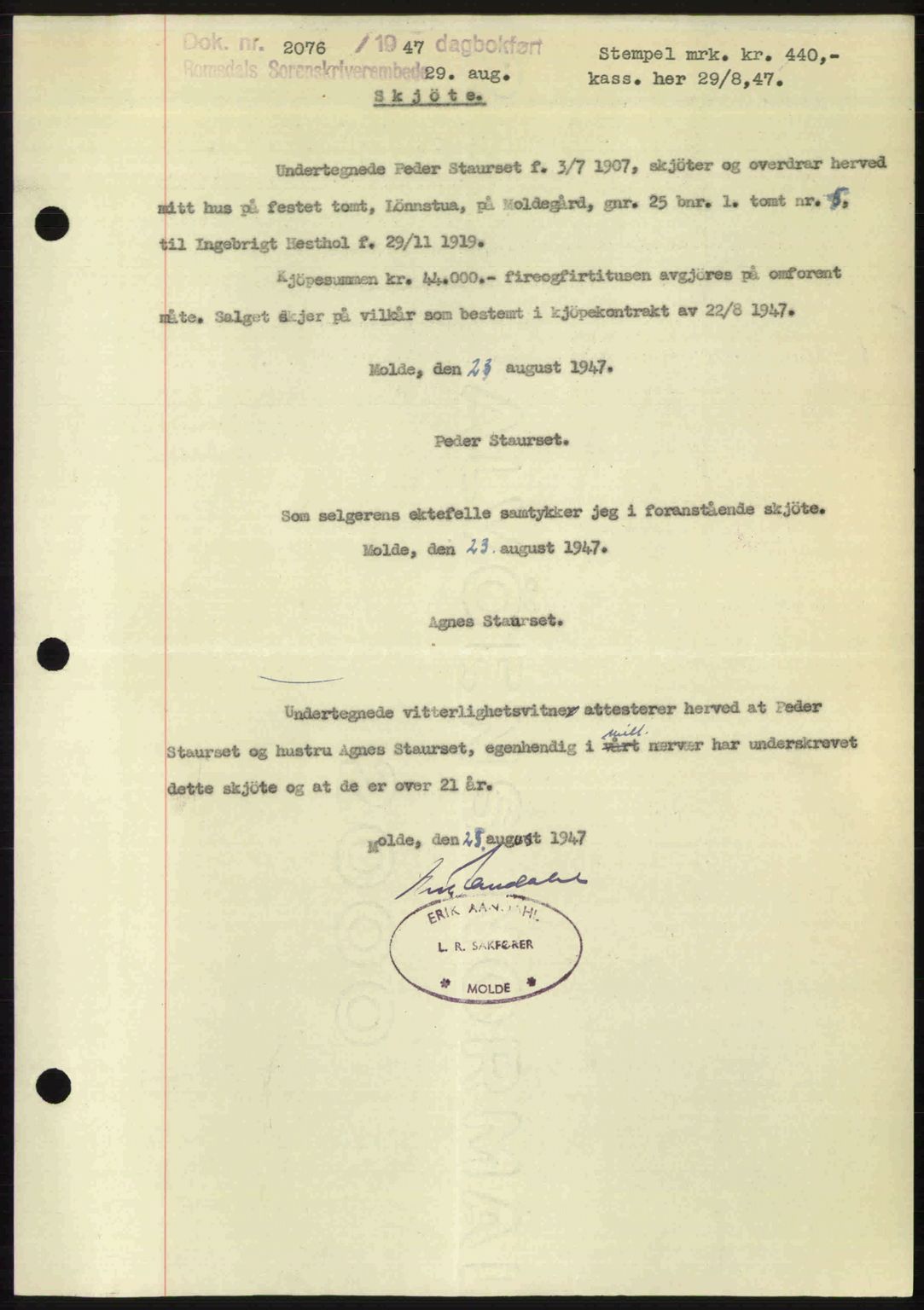 Romsdal sorenskriveri, AV/SAT-A-4149/1/2/2C: Pantebok nr. A23, 1947-1947, Dagboknr: 2076/1947