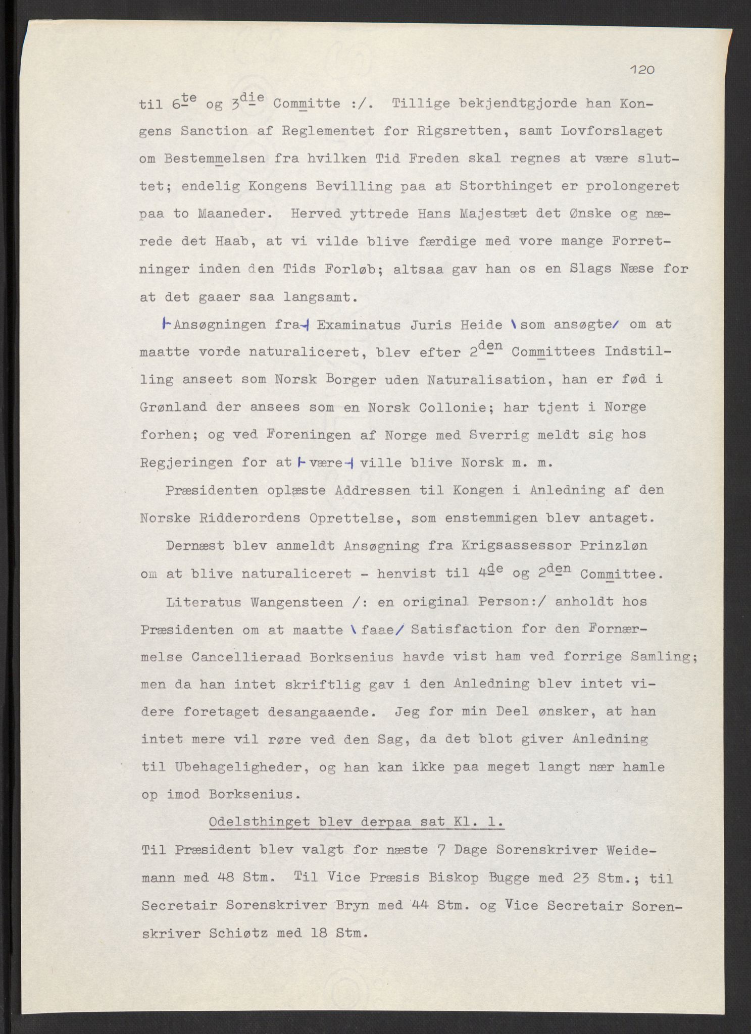 Manuskriptsamlingen, AV/RA-EA-3667/F/L0197: Wetlesen, Hans Jørgen (stortingsmann, ingeniørkaptein); Referat fra Stortinget 1815-1816, 1815-1816, s. 120