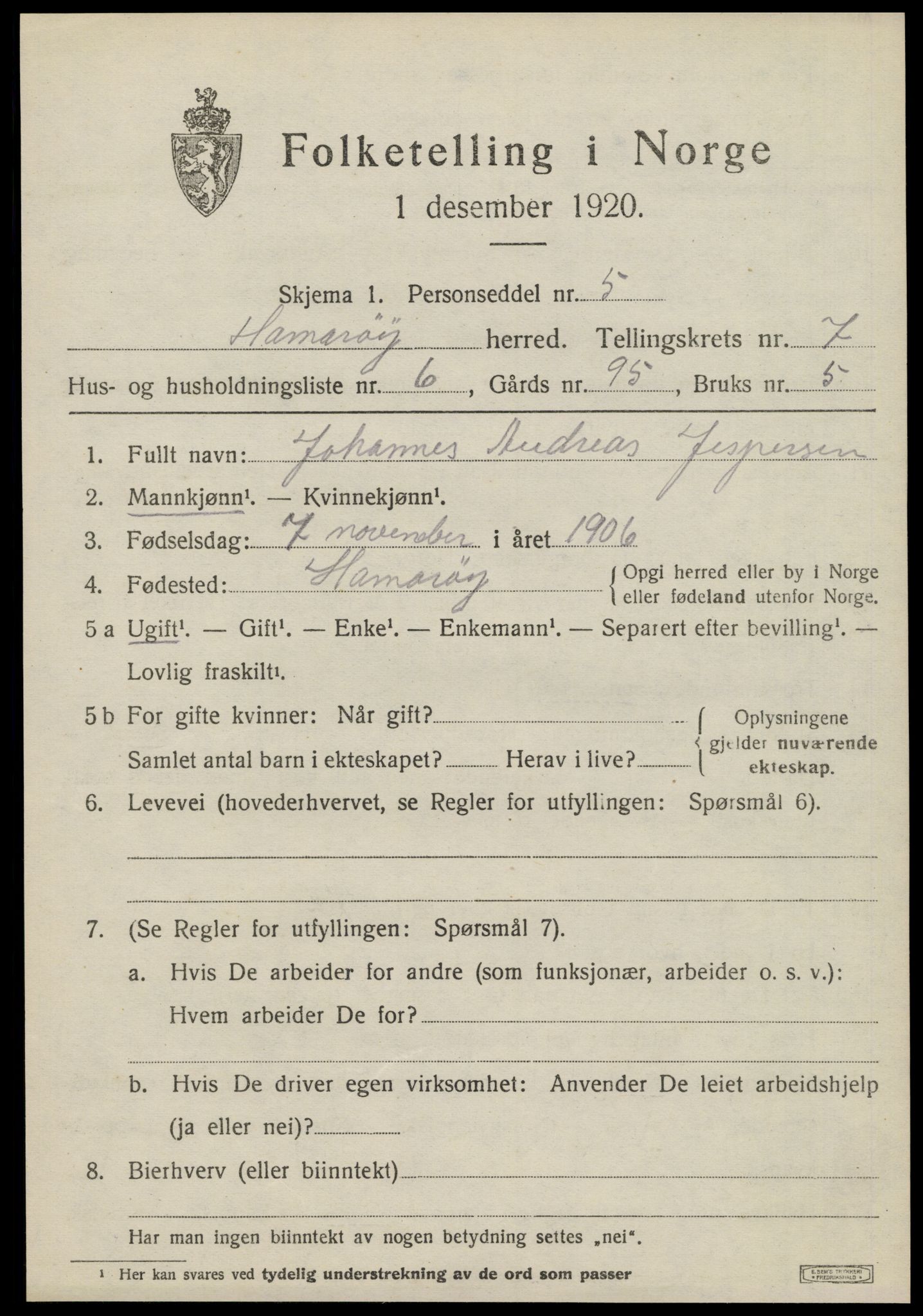 SAT, Folketelling 1920 for 1849 Hamarøy herred, 1920, s. 3250