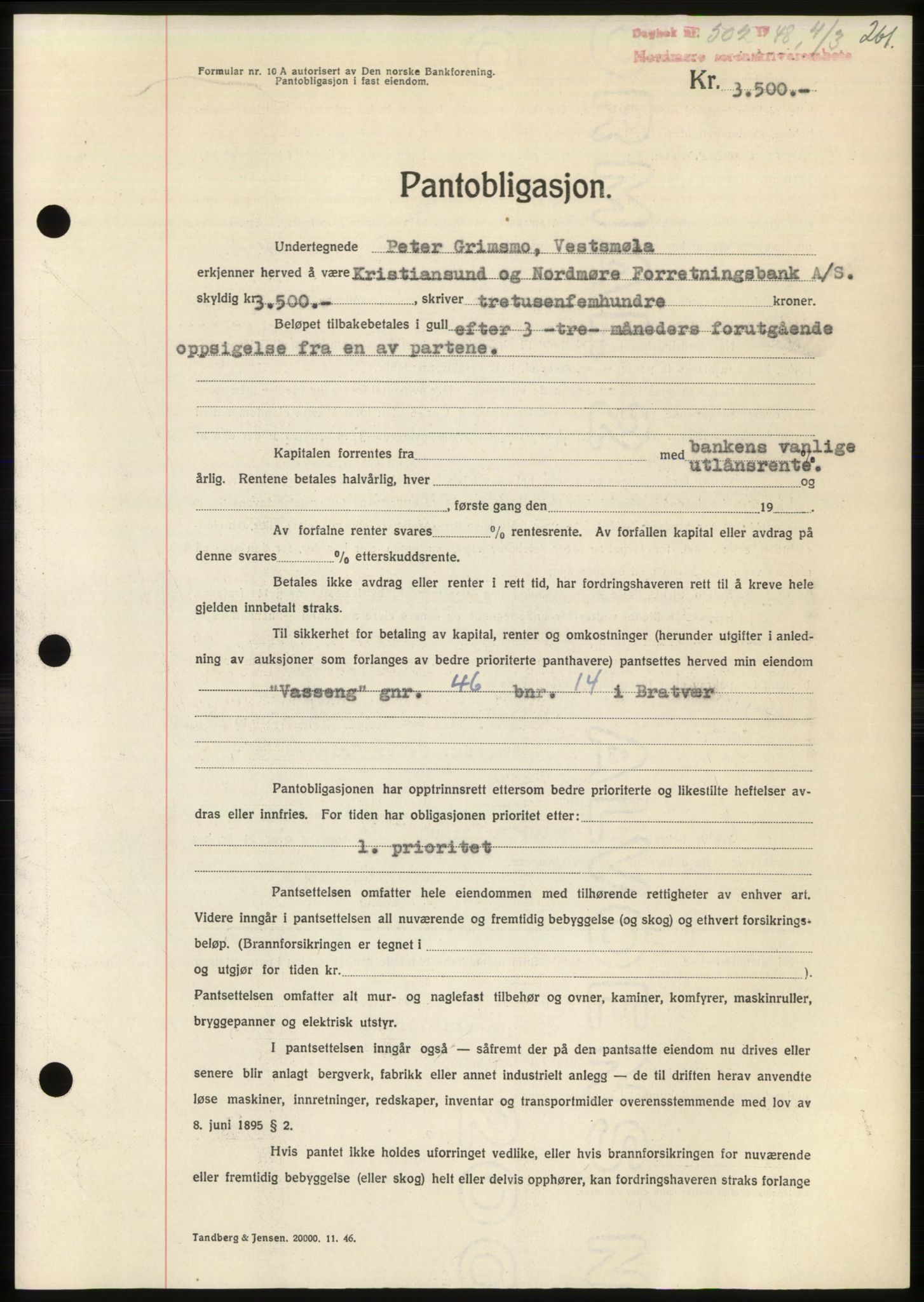 Nordmøre sorenskriveri, SAT/A-4132/1/2/2Ca: Pantebok nr. B98, 1948-1948, Dagboknr: 502/1948