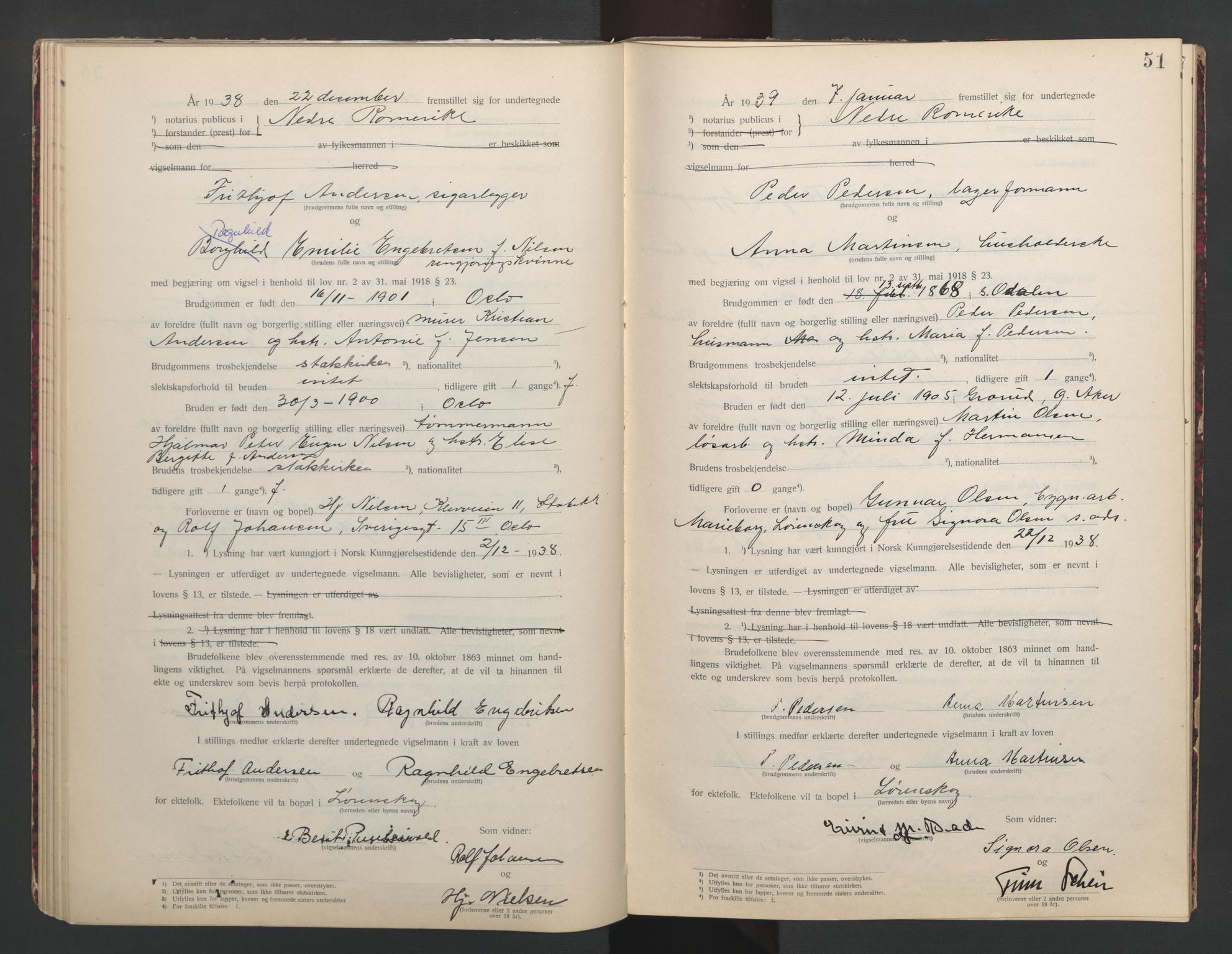 Nedre Romerike sorenskriveri, AV/SAO-A-10469/L/Lb/L0002: Vigselsbok - borgerlige vielser, 1935-1942, s. 51