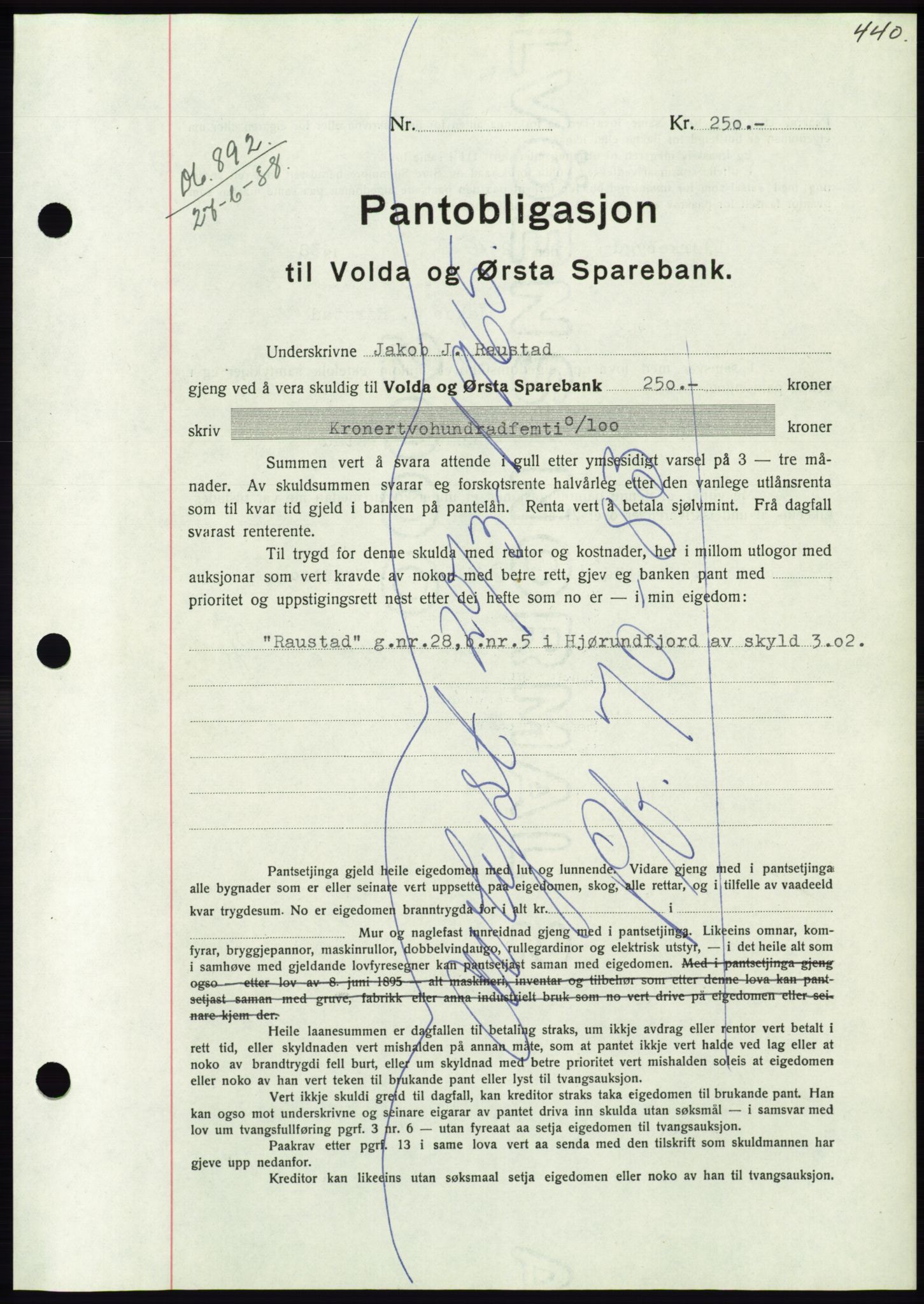 Søre Sunnmøre sorenskriveri, AV/SAT-A-4122/1/2/2C/L0065: Pantebok nr. 59, 1938-1938, Dagboknr: 892/1938