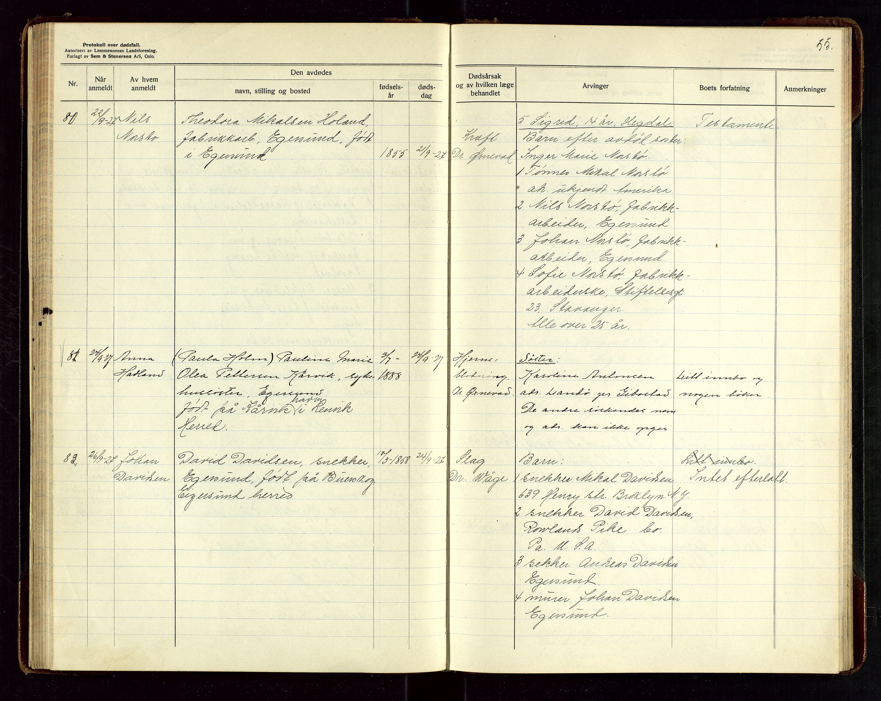 Eigersund lensmannskontor, AV/SAST-A-100171/Gga/L0010: "Protokoll over anmeldte dødsfall" m/alfabetisk navneregister, 1926-1928, s. 55