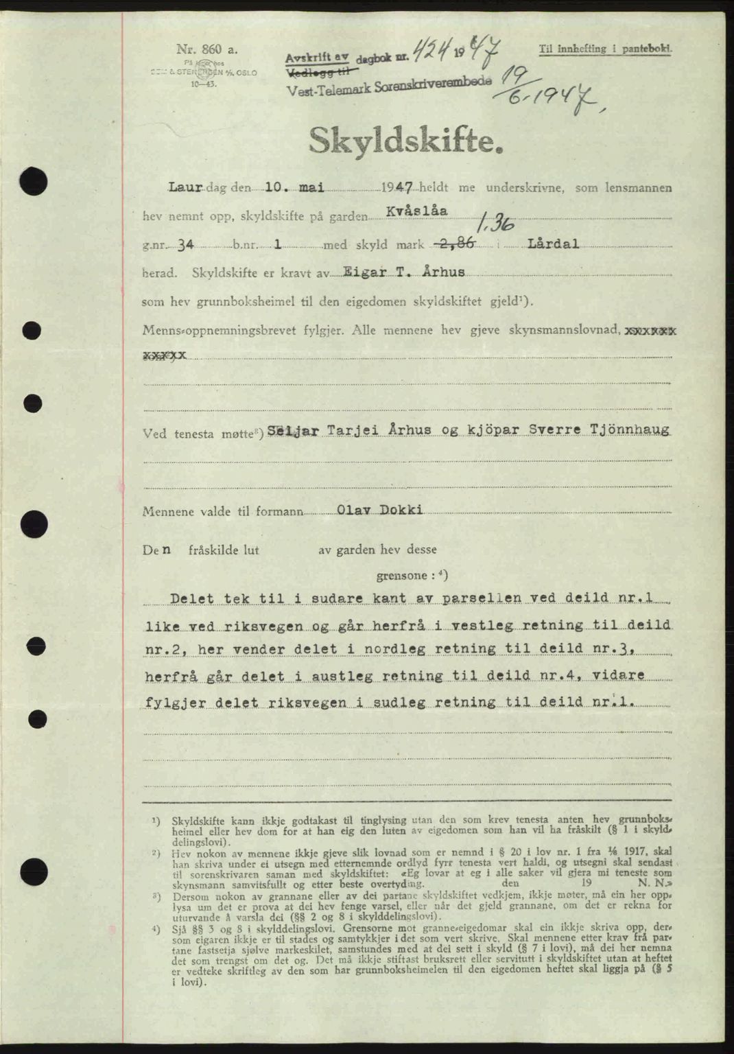 Vest-Telemark sorenskriveri, SAKO/A-134/G/Ga/Gac/L0008: Pantebok nr. A-8, 1947-1948, Dagboknr: 424/1947