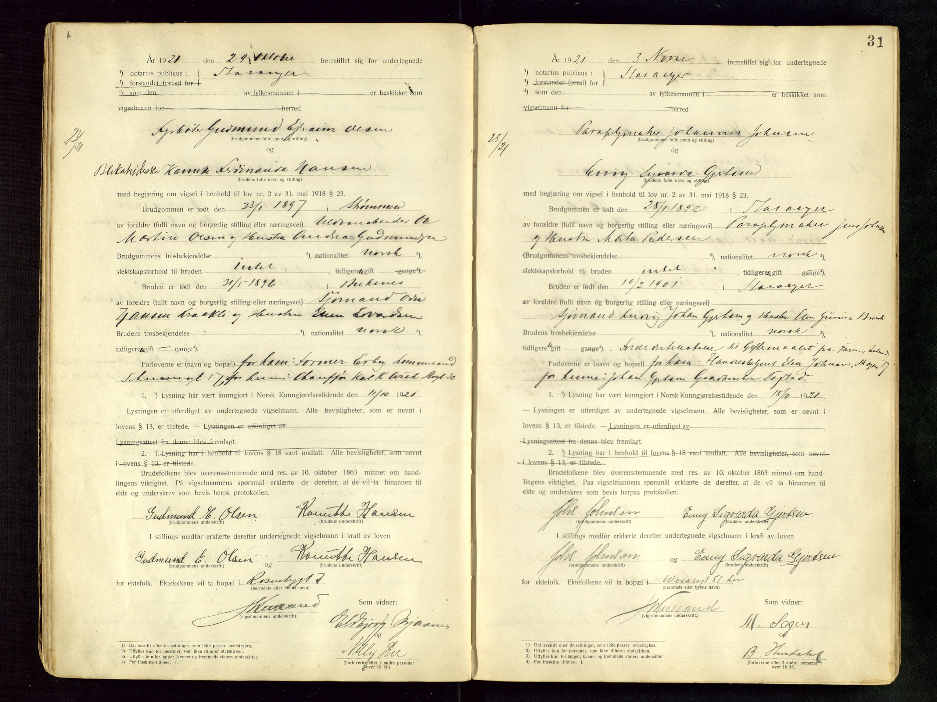 Stavanger byfogd, AV/SAST-A-101408/001/6/62/62BB/L0001: Vigselsprotokoll, 1920-1926, s. 31