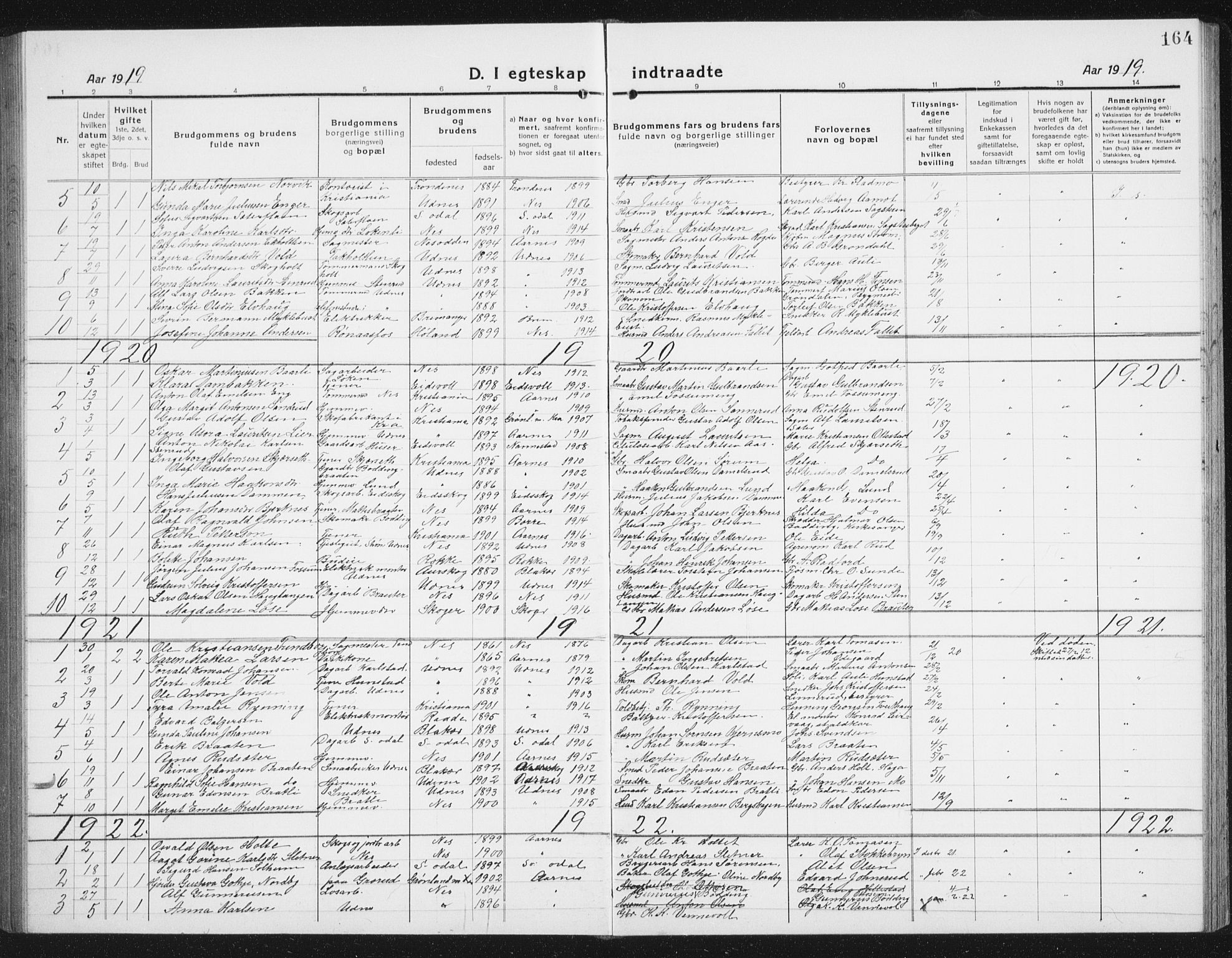 Nes prestekontor Kirkebøker, AV/SAO-A-10410/G/Gc/L0002: Klokkerbok nr. III 2, 1915-1943, s. 164