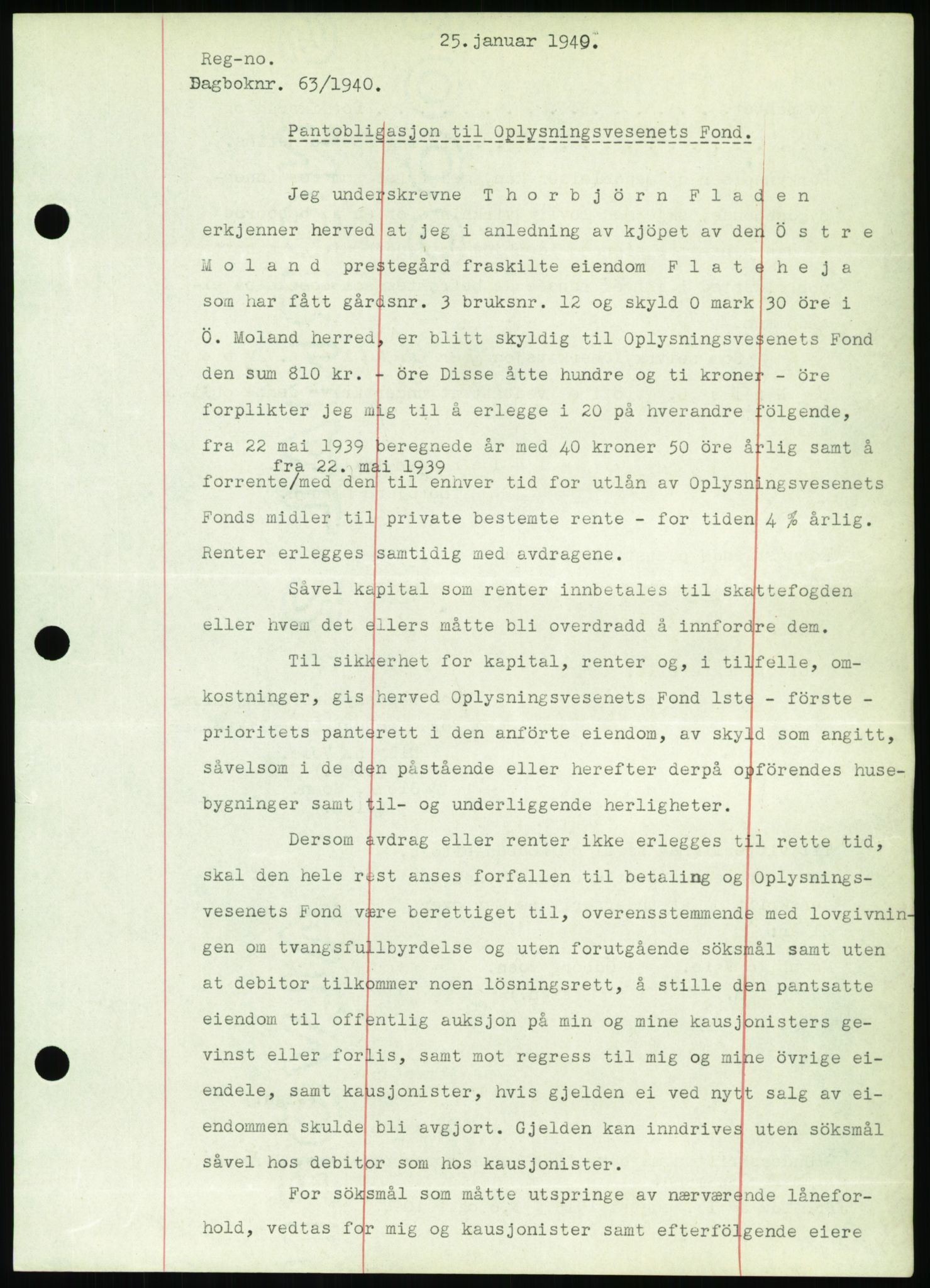 Nedenes sorenskriveri, SAK/1221-0006/G/Gb/Gbb/L0001: Pantebok nr. I, 1939-1942, Dagboknr: 63/1940